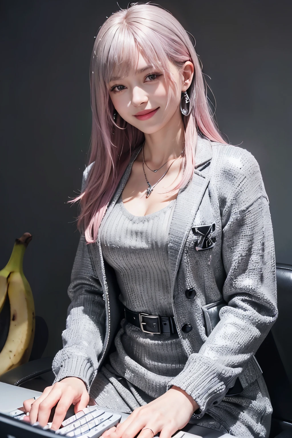 (8K, top-quality, masterpiece:1.2), (reallistic, Photorealsitic:1.37), Super Detail, One girl, (Highly detailed), (beautifully detailed eyes), (of the highest quality), (super detailed), (masterpiece), (Detailed face), 20yr old, 1 girl, (pink hair, long hair), medium breasts, clothed, Perfect Lighting, BREAK, (silver metallic blazer:1.4), (gray knit dress:1.5), (black leather belt:1.3), (black leather pumps:1.3), (white earrings:1.2), (white necklace:1.2), (banana logo:1.4), (keyboard print:1.4), BRAKE, (upper body to knees:1.3), (side parted hair:1.2), (ear tucked hair:1.2), (bangs:1.2), (smiling:1.3), (looking at camera:1.3), (sparkling eyes:1.4), (right hand holding collar:1.3), (showing heel logo:1.3), (white wall:1.2), (keyboard projection:1.4), (gray letters:1.2), (frontal strong light:1.3), (soft facial light:1.2)