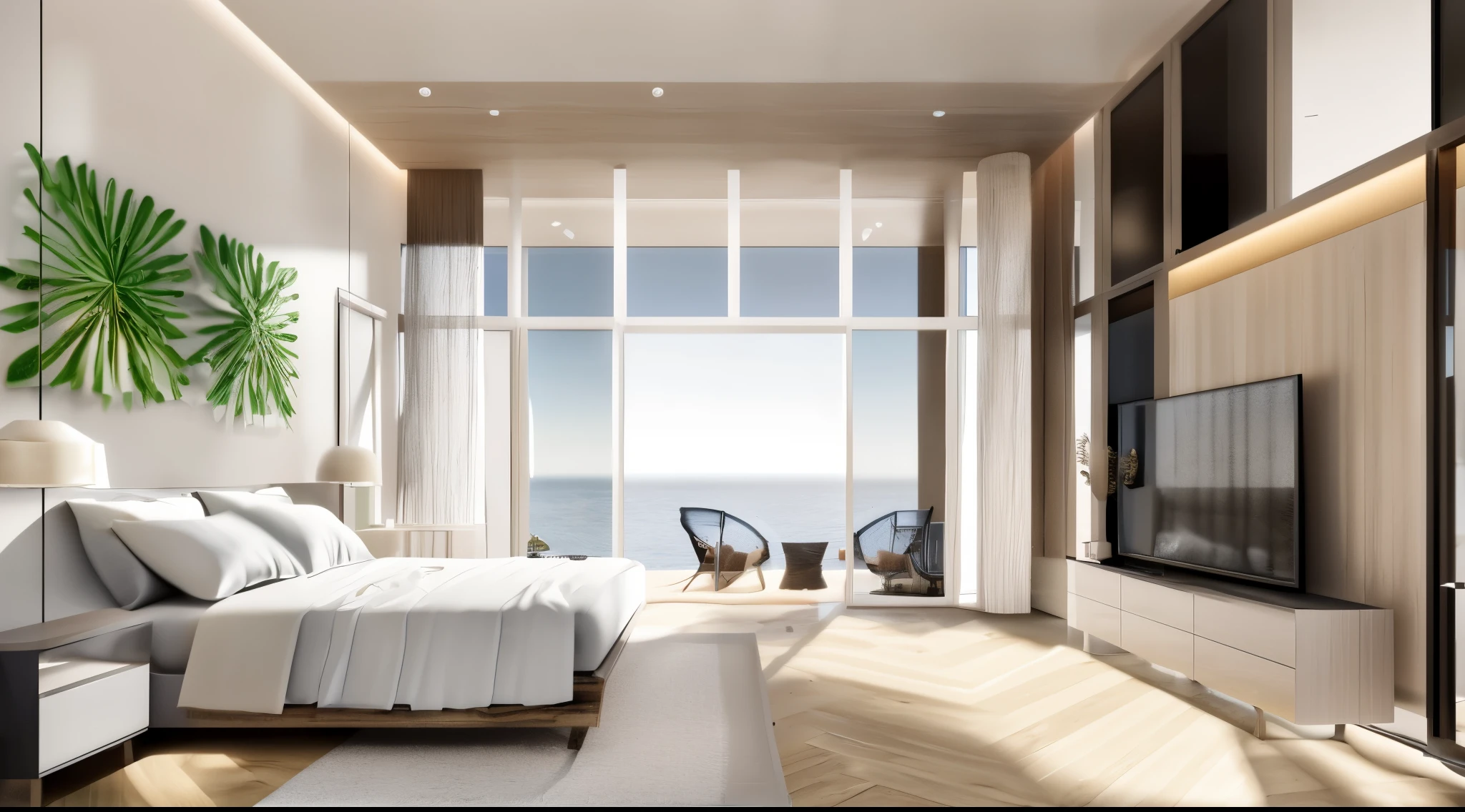 Photorealistic Architectural Rendering Archviz, architectural visualization, property CGI, CGI architecture, 3d render, photorealisitc, interior desgin,
The bedroom features a rustic design with ocean views on two sides. The wood floor and ceiling complement the white stucco walls. An aluminum glass sliding door leads to a balcony. The room includes a cabinet and television for added convenience.