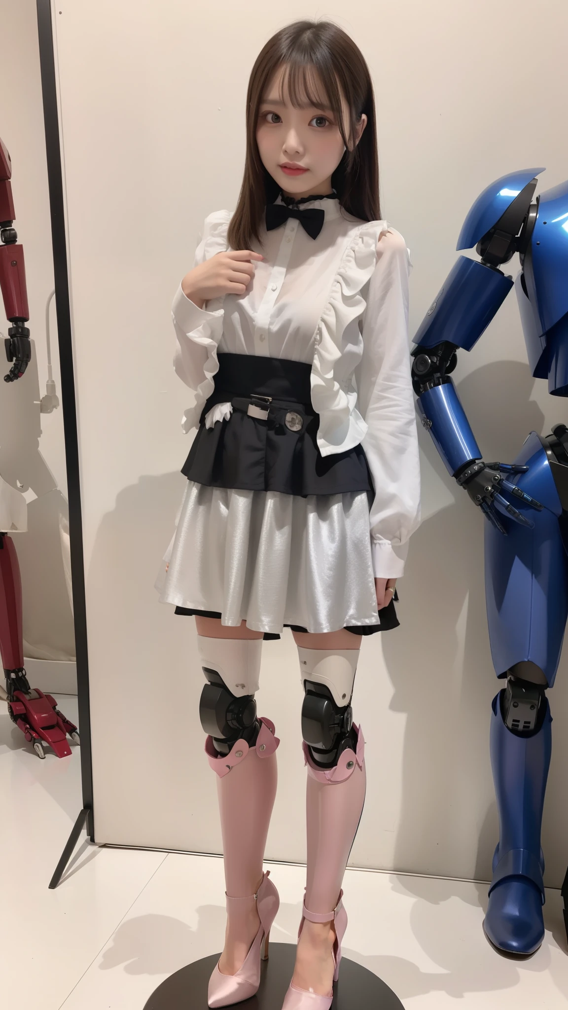 Silver satin ruffled blouse, black skirt, robot