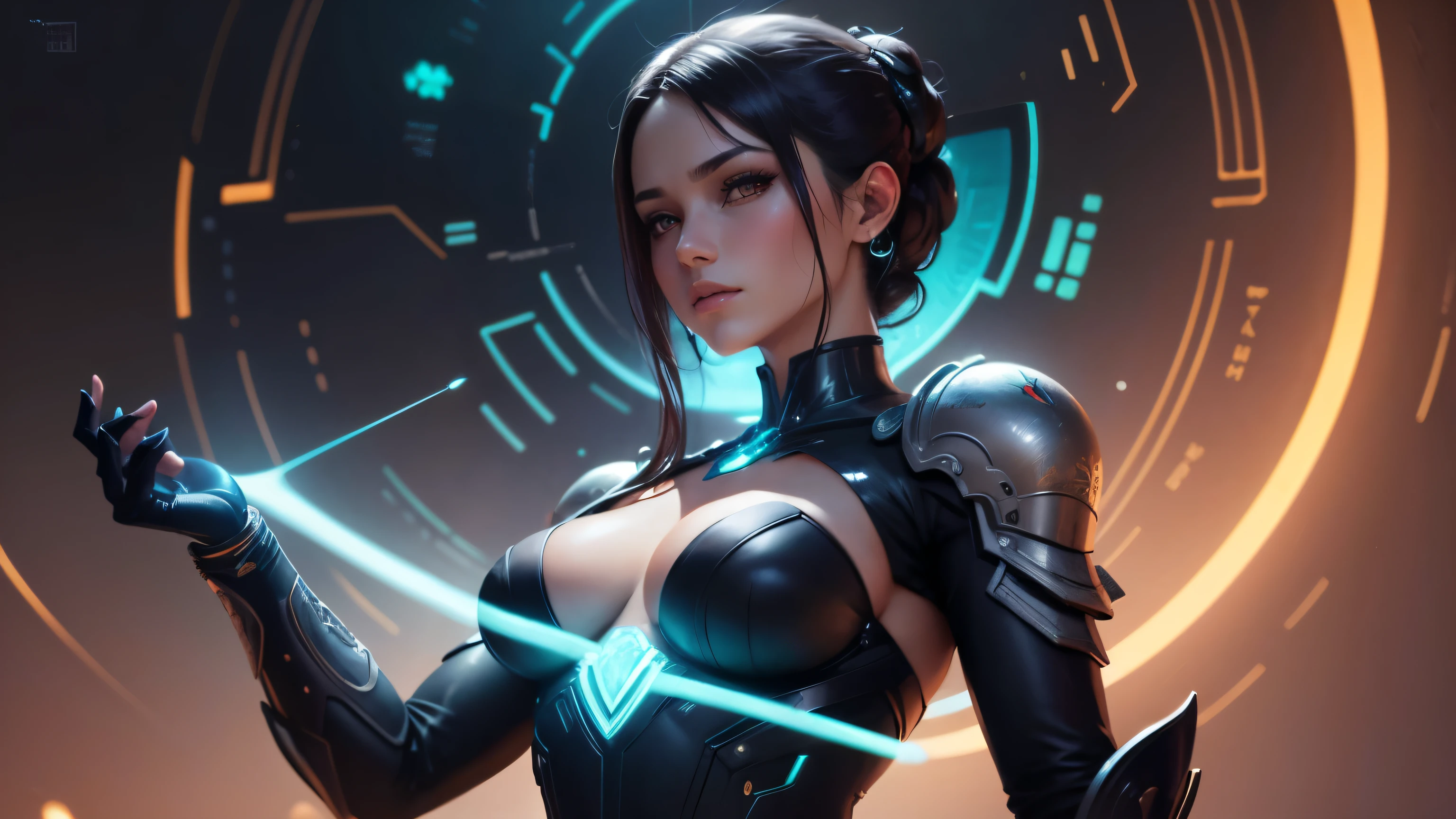 Sozinha, 1 mulher, Foco feminino, android, obra de arte, alta qualidade, arm cannon, a cidade cyberpunk ao fundo, SSCI - FI, fantasia, intricado, muito bonita, elegante, luz neon, altamente detalhado, pintura digital, art station, arte conceitual, anatomia humana, Luz Suave, Suave, illustration, por tian zi e artgerm e greg rutkowski e alphonse much e loish e WLOP