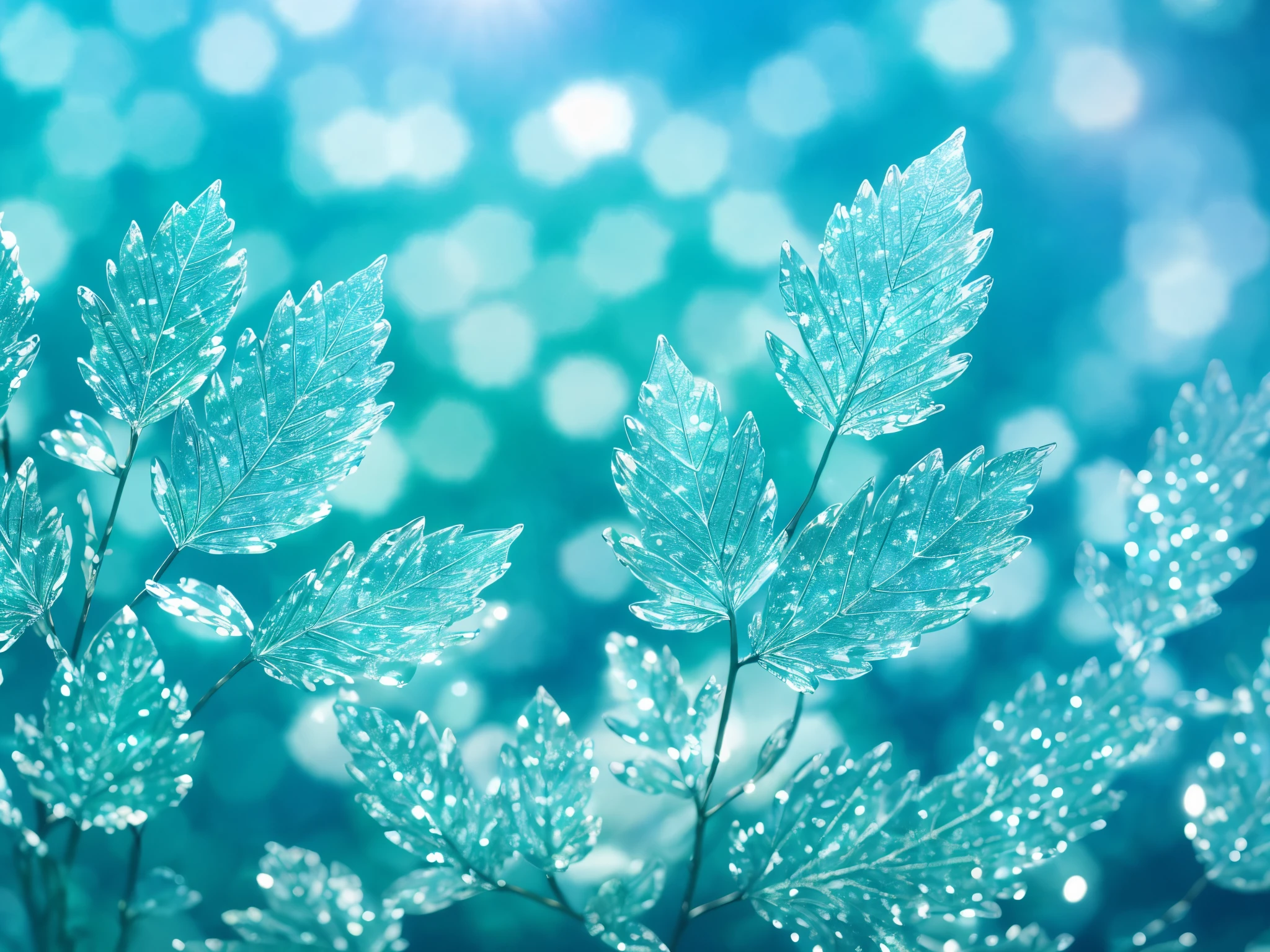 Crystal spring leafs,blue white gradient,water drop,Fantastical, galaxies, Transparent,, green white gradient,water drop,Light blue leaves,Sparkle, Sparkle, brilliance, Water,colorful,, Magical photography of light blue leaves, dramatic illumination, Photo realism, Ultra detailed, 4k, depthoffield, high resolusion