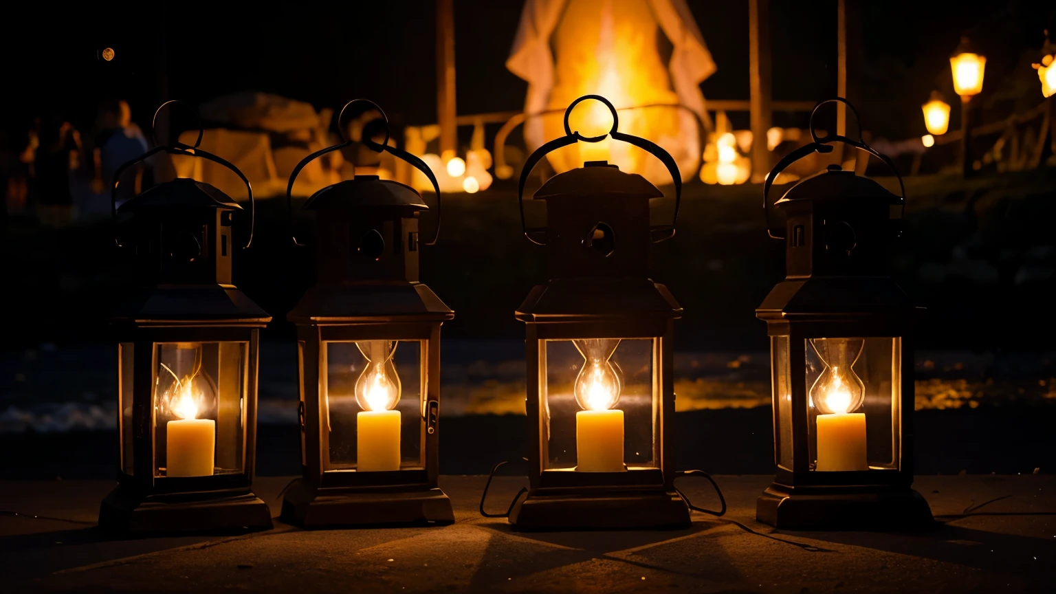 Torchlights or lanterns along the shore