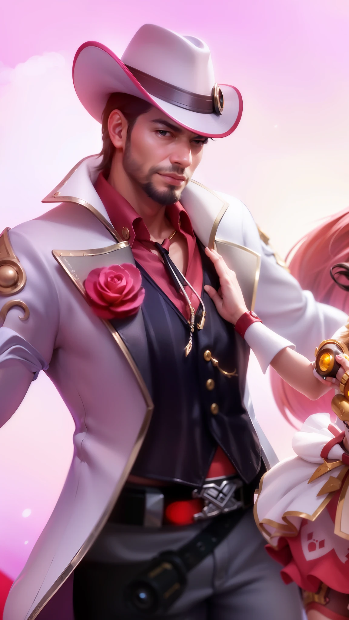 masculine male, masterpiece, ((perfect eyes)) best quality, (semirealism:1.9), beautiful lighting, (extremely detailed CG unity 4k fhd wallpaper), High Detail, Sharp focus, dramatic outdoors, there is a man with a gun and a woman with a gun, ashe, jesse mccree, mobile wallpaper, phone background, phone wallpaper, riot background, official splash art, zenra taliyah, more details, background image, brigitte, taliyah, splash art, background artwork, range murata and artgerm, mccree from overwatch.