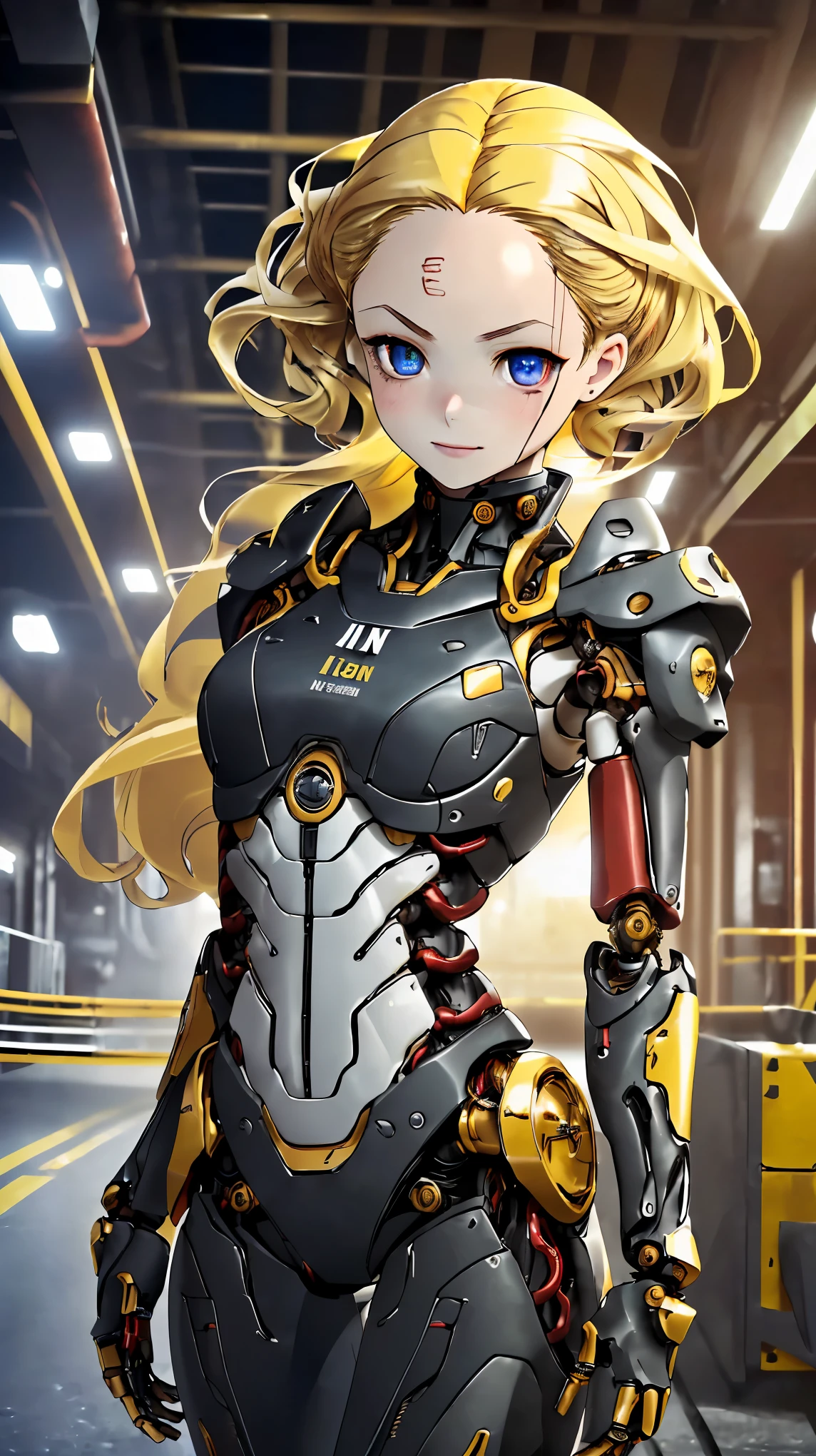 (8k, RAW photo, 最high quality, masterpiece:1.2), High-definition RAW color photo, Professional photo shoot, cinematic light, alone, (((The body of the machine, female mechanical doll))), (detailed expression), (small face), (((blonde, shortcut, show your forehead, odd eye:1.5))), choker, attractive body, (slim body shape:1.4), very detailed顔と肌の質感, fine eyes, ((Emotionless smile)), (black and red body color), (machine made joint:1.4), ((mechanical limbechanical vertebrae)), ((chokerにつながれた機械的な頸椎)), wires and cables connected to the body), (Countless tubes connected from blood vessels to external machines), seductive thighs, Underground facilities:1.5, Beautiful skin and the luster of metal materials, perfect fingers, five fingers, anatomically correct, background bokeh, high quality, Sci-Fi Art, bright colors, ((nikon, 135㎜, f/1.8, very detailed, photo shoot)),