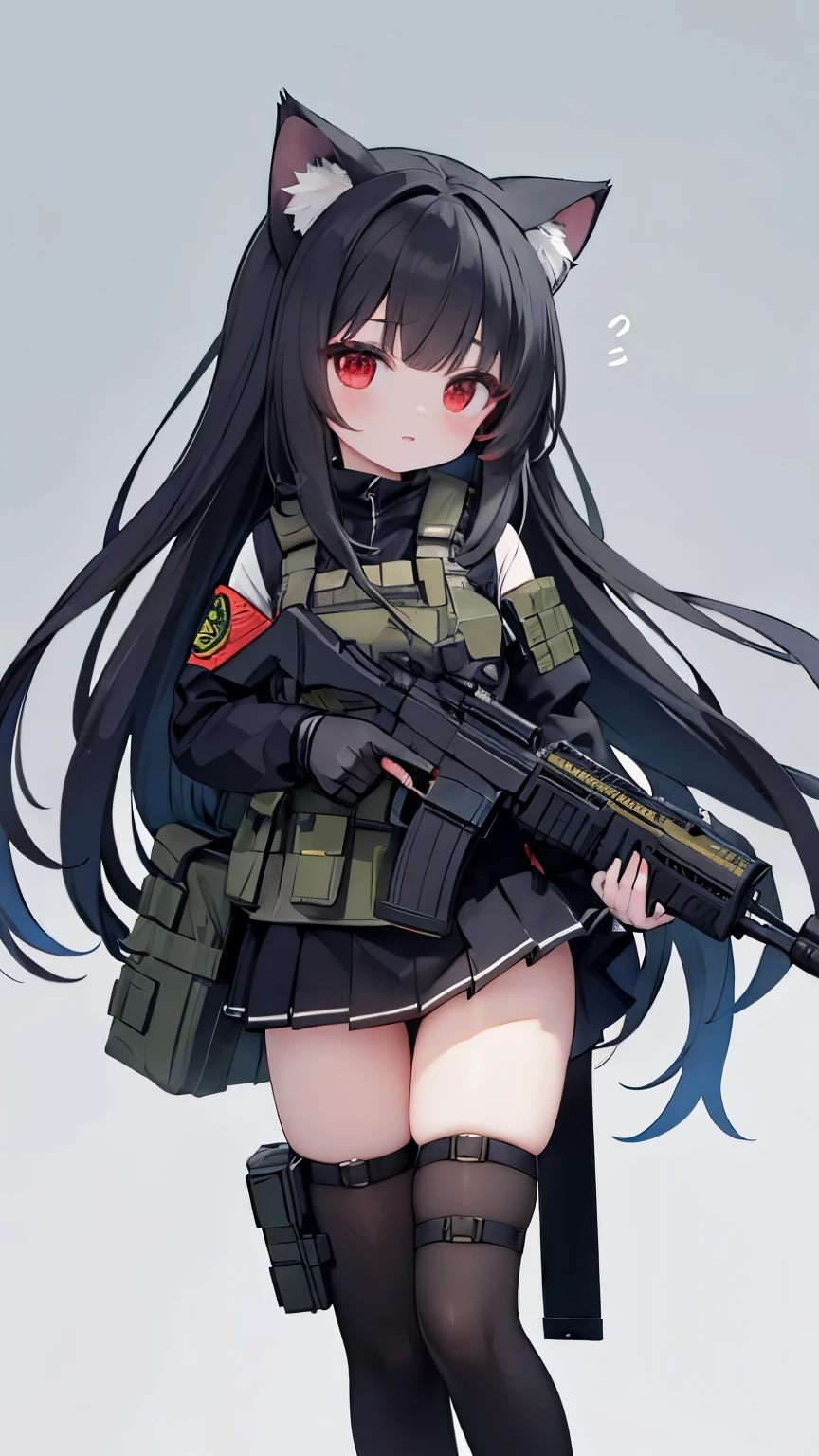 long black hair，Cat-eared girl，red eyes，Tactical bomb hanging，Heavy body armor，Handheld heavy thermal weapon