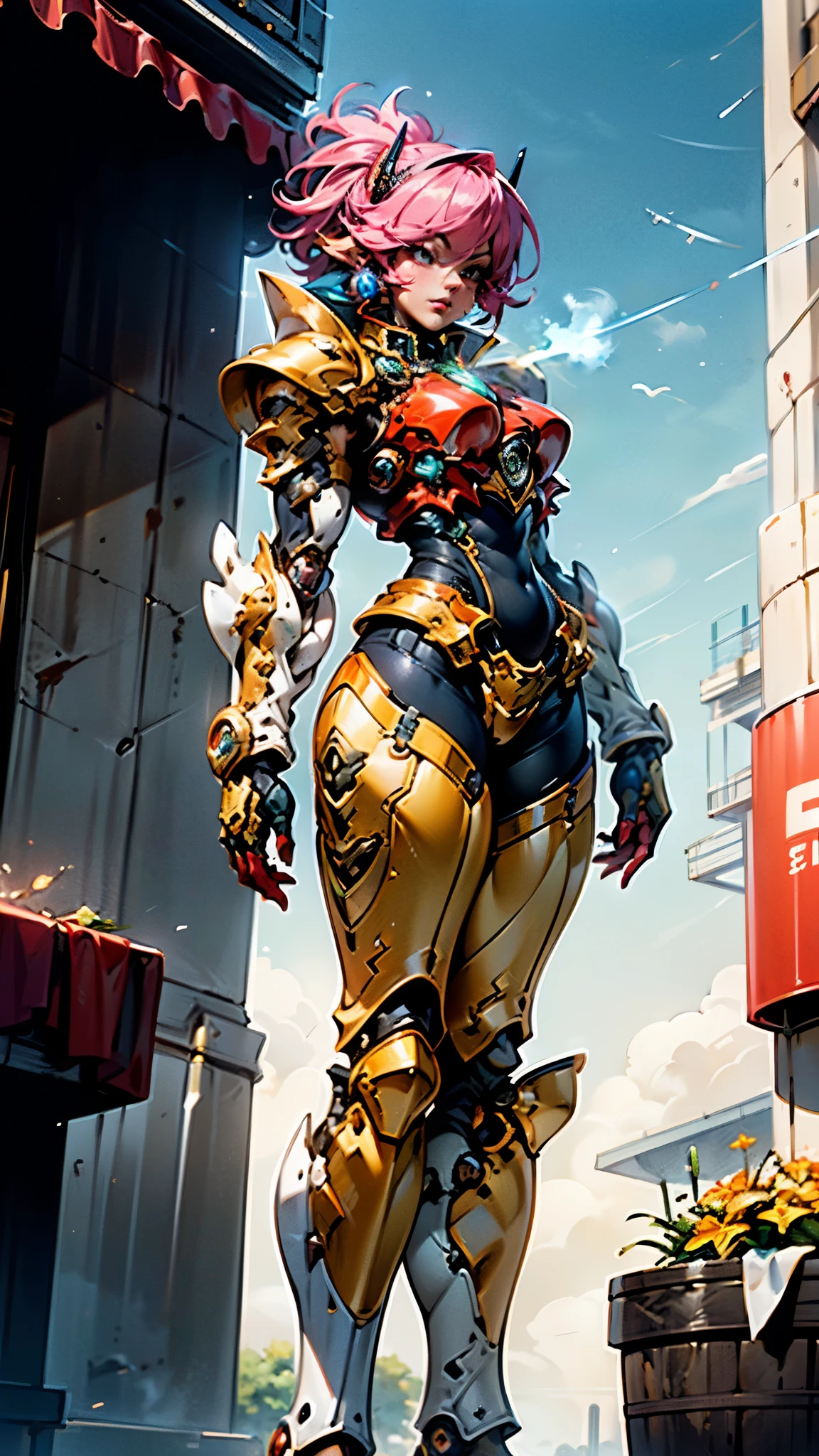 A woman adorned in fantasy-style full-body armor, a crown-concept fully enclosed helmet that unveils only her eyes, a composite layered chest plate, fully encompassing shoulder and hand guards, a lightweight waist armor, form-fitting shin guards, the overall design is heavy-duty yet flexible, ((the armor gleams with a golden glow, complemented by red and blue accents)), exhibiting a noble aura, she floats above a fantasy-surreal high-tech city, this character embodies a finely crafted fantasy-surreal style armored hero in anime style, exquisite and mature manga art style, (Queen bee mixed with Spider concept Armor, plasma, blood), ((Element, energy, elegant, goddess, femminine:1.5)), metallic, high definition, best quality, highres, ultra-detailed, ultra-fine painting, extremely delicate, professional, anatomically correct, symmetrical face, extremely detailed eyes and face, high quality eyes, creativity, RAW photo, UHD, 32k, Natural light, cinematic lighting, masterpiece-anatomy-perfect, masterpiece:1.5