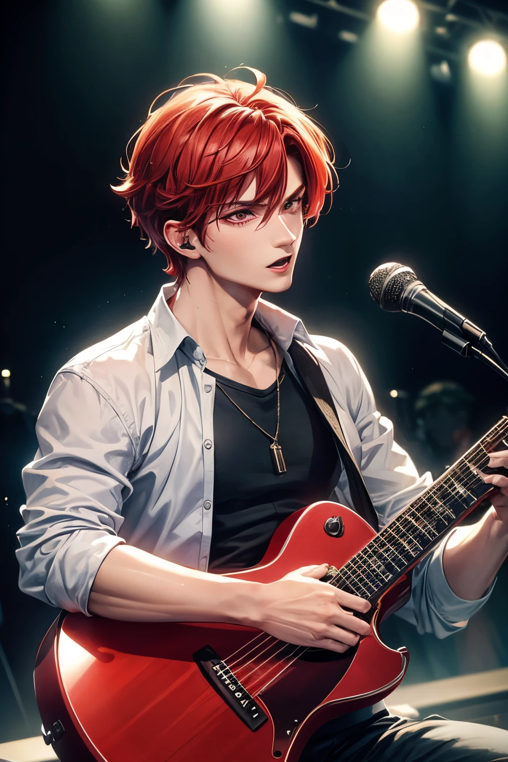 ((masterpiece:1.4, best quality)), ultra detailed, super detailed,1 man, comma haircuts, red hair, red eyes, hd quality, wallpaper, singing, black casual shirt, holding mic, handsome man, looking at viewer, concert, enthusiastic, singer, long shot view, playing a guitar, ((perfect hands, five fingers)), singing when playing with guitar 