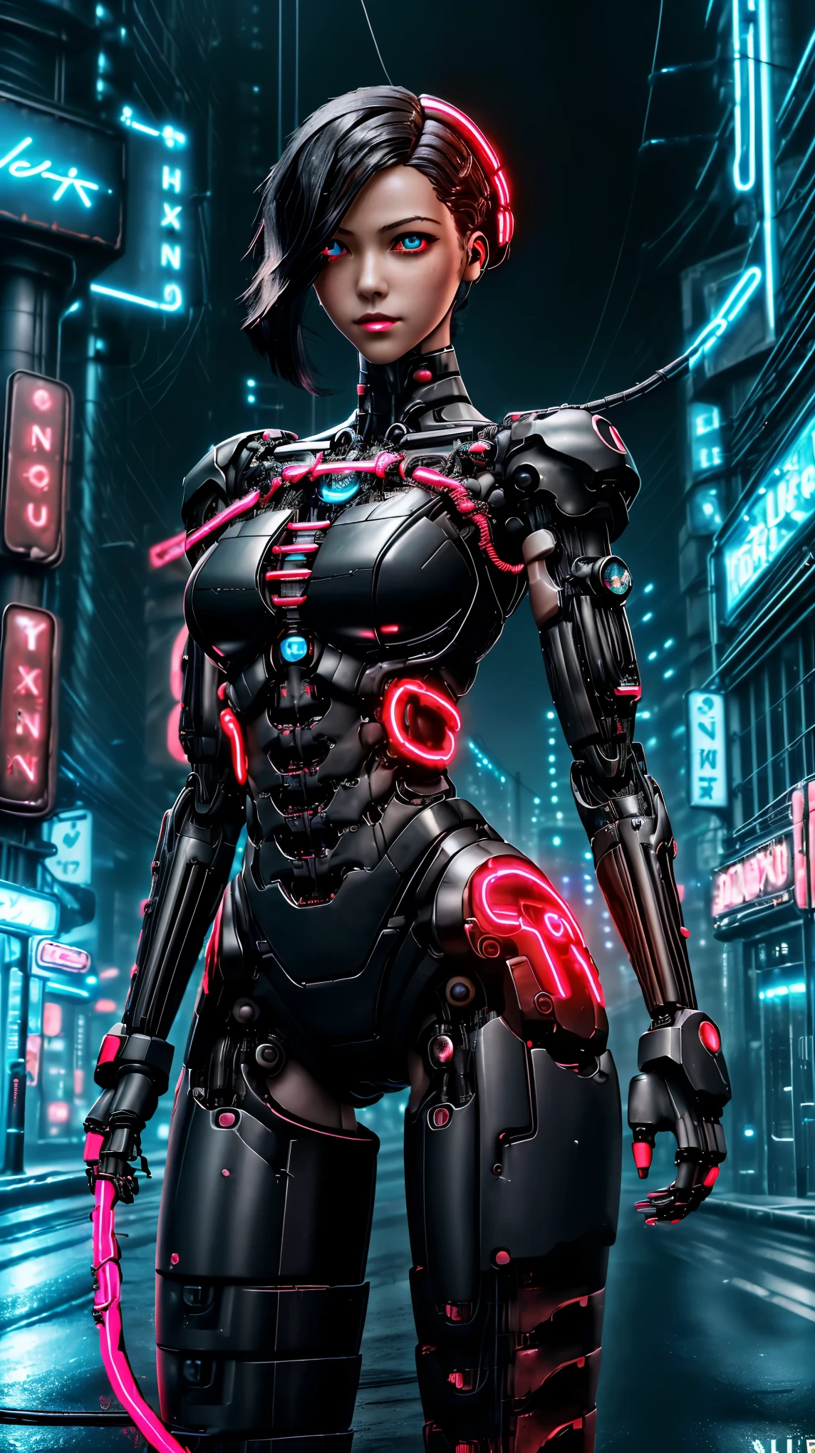 (8k, RAW photo, 最high quality, masterpiece:1.2), High-definition RAW color photo, Professional photo shoot, cinematic light, alone, (((The body of the machine, female mechanical doll))), android, cyborg, (detailed expression), (small face), (((black hair, shortcut, odd eye:1.5))), choker, attractive body, (slim body shape:1.4), very detailed顔と肌の質感, fine eyes, ((Emotionless smile)), (black and red body color), (machine made joint:1.4), ((mechanical limbechanical vertebrae)), ((chokerにつながれた機械的な頸椎)), wires and cables connected to the body), (Countless tubes connected from blood vessels to machines), (Landscape:1.5), seductive thighs, ((cyber city, neon street:1.5)), Beautiful skin and the luster of metal materials, perfect fingers, five fingers, anatomically correct, background bokeh, high quality, Sci-Fi Art, bright colors, ((nikon, 135㎜, f/1.8, very detailed, photo shoot)),