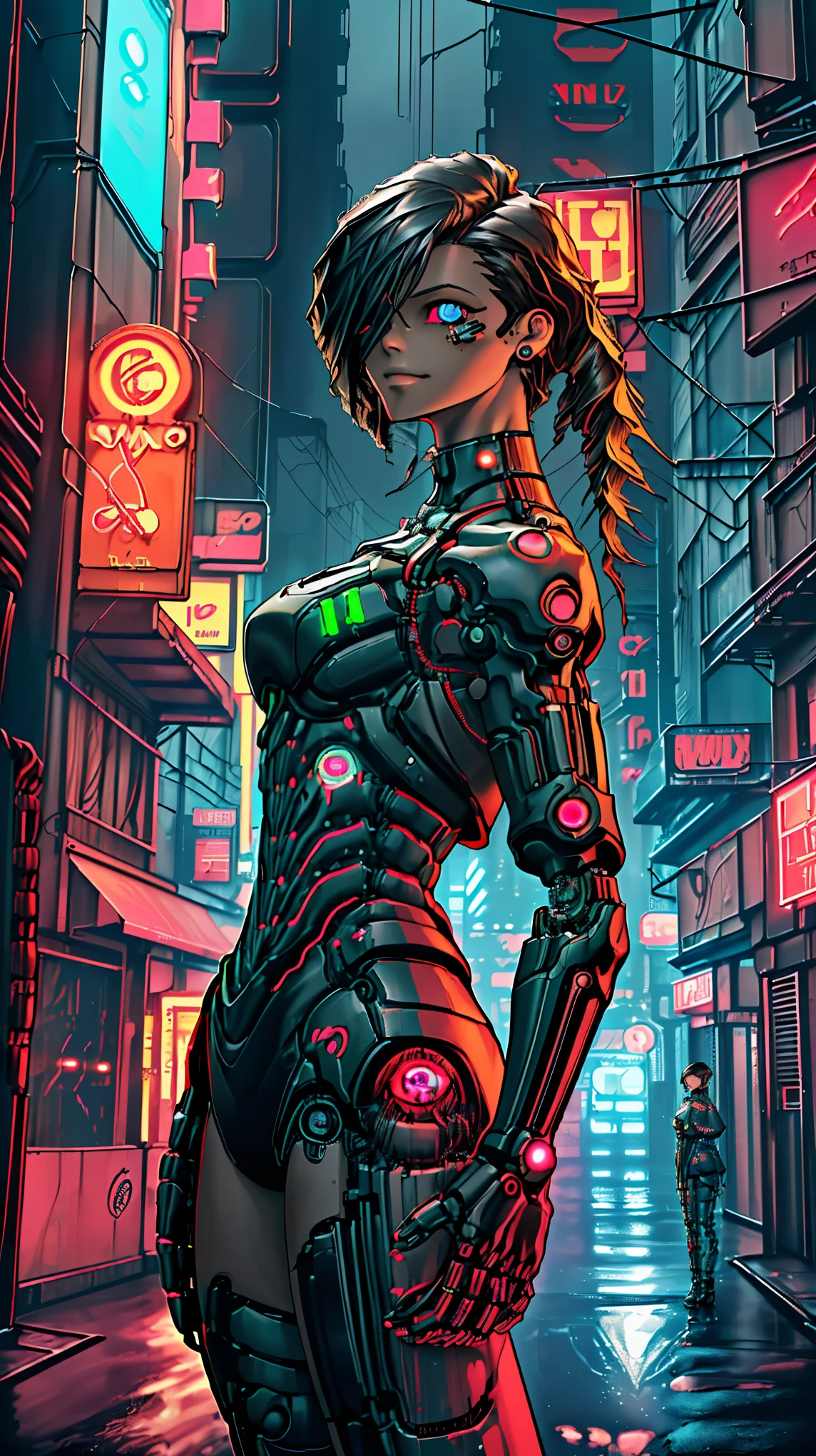 (8k, RAW photo, 最high quality, masterpiece:1.2), High-definition RAW color photo, Professional photo shoot, cinematic light, alone, (((The body of the machine, female mechanical doll))), android, cyborg, (detailed expression), (small face), (((black hair, shortcut, odd eye:1.5))), choker, attractive body, (slim body shape:1.4), very detailed顔と肌の質感, fine eyes, ((Emotionless smile)), (black and red body color), (machine made joint:1.4), ((mechanical limbechanical vertebrae)), ((chokerにつながれた機械的な頸椎)), wires and cables connected to the body), (Countless tubes connected from blood vessels to machines), (Landscape:1.5), seductive thighs, ((cyber city, neon street:1.5)), Beautiful skin and the luster of metal materials, perfect fingers, five fingers, anatomically correct, background bokeh, high quality, Sci-Fi Art, bright colors, ((nikon, 135㎜, f/1.8, very detailed, photo shoot)),