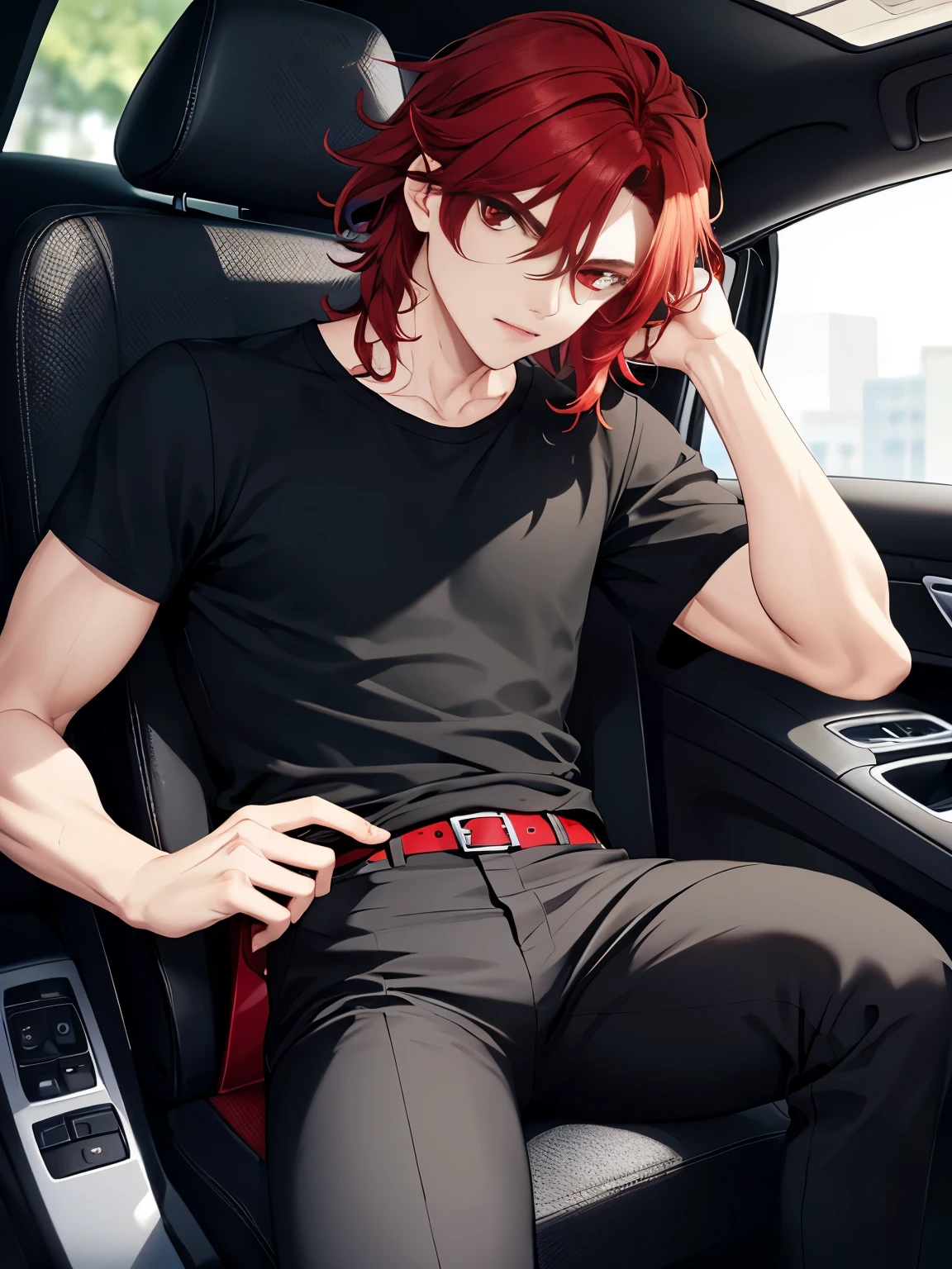 1boy, cool style,Black t-shirt,Sitting in the car seat, white car,handsome,Shoulder length hair,curly hair, red hair,black trousers, black shirt, red eyes, vampire