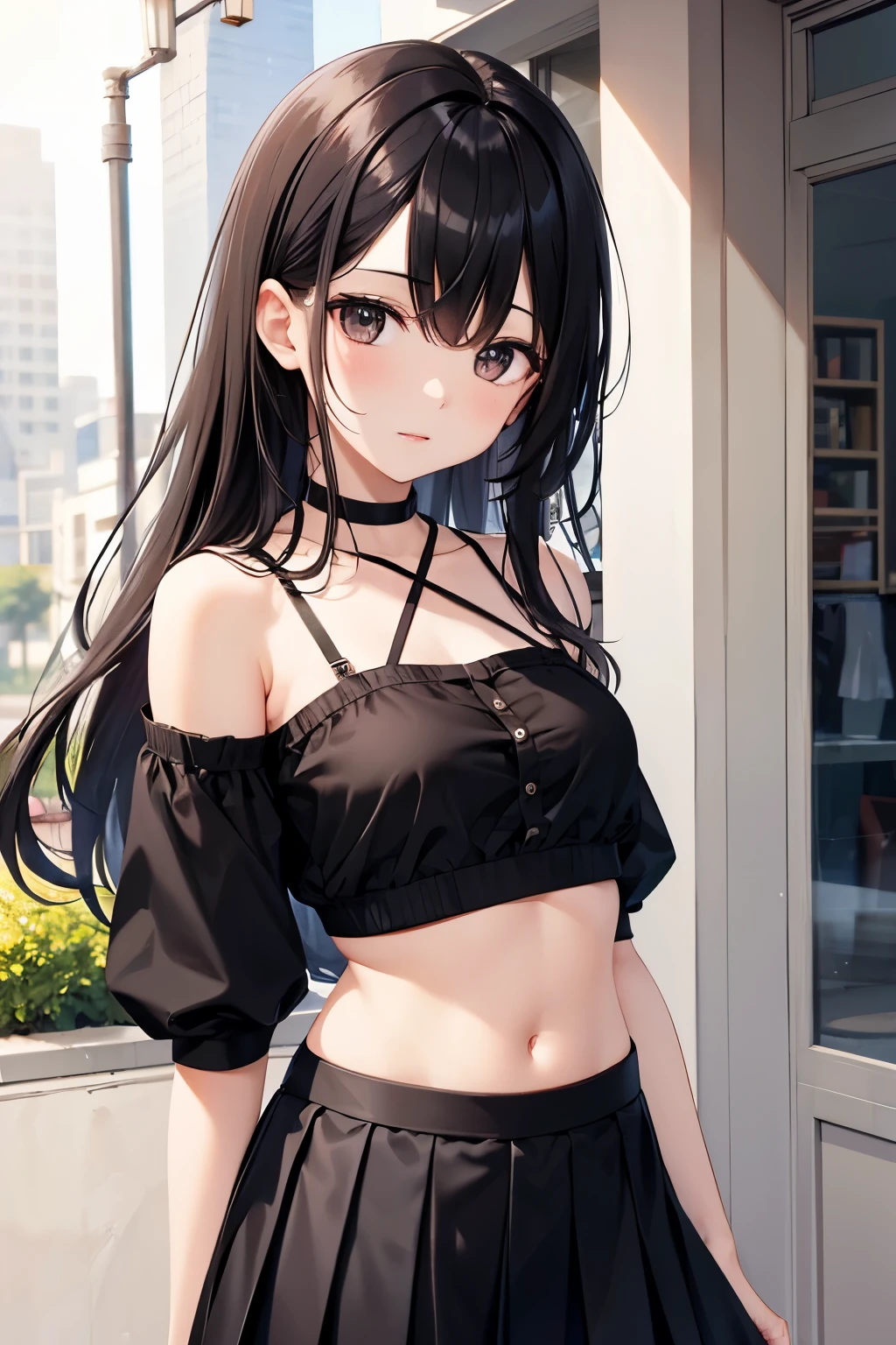 best quality, highres,1 woman,Slender、small face、brown eyes、tall、In town、black hair BREAK、long hair、white bra top BREAK、(black skirt:1.2)、(beautiful woman:1.5)、25 years old、Mature、midriff peek,
