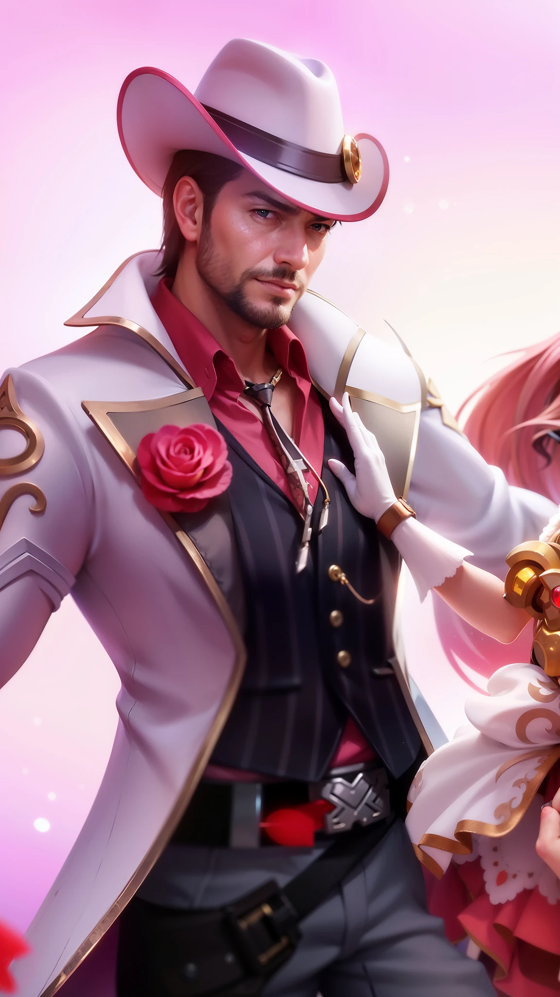masculine male, masterpiece, ((perfect eyes)) best quality, (semirealism:1.9), beautiful lighting, (extremely detailed CG unity 4k fhd wallpaper), High Detail, Sharp focus, dramatic outdoors, there is a man with a gun and a woman with a gun, ashe, jesse mccree, mobile wallpaper, phone background, phone wallpaper, riot background, official splash art, zenra taliyah, more details, background image, brigitte, taliyah, splash art, background artwork, range murata and artgerm, mccree from overwatch.