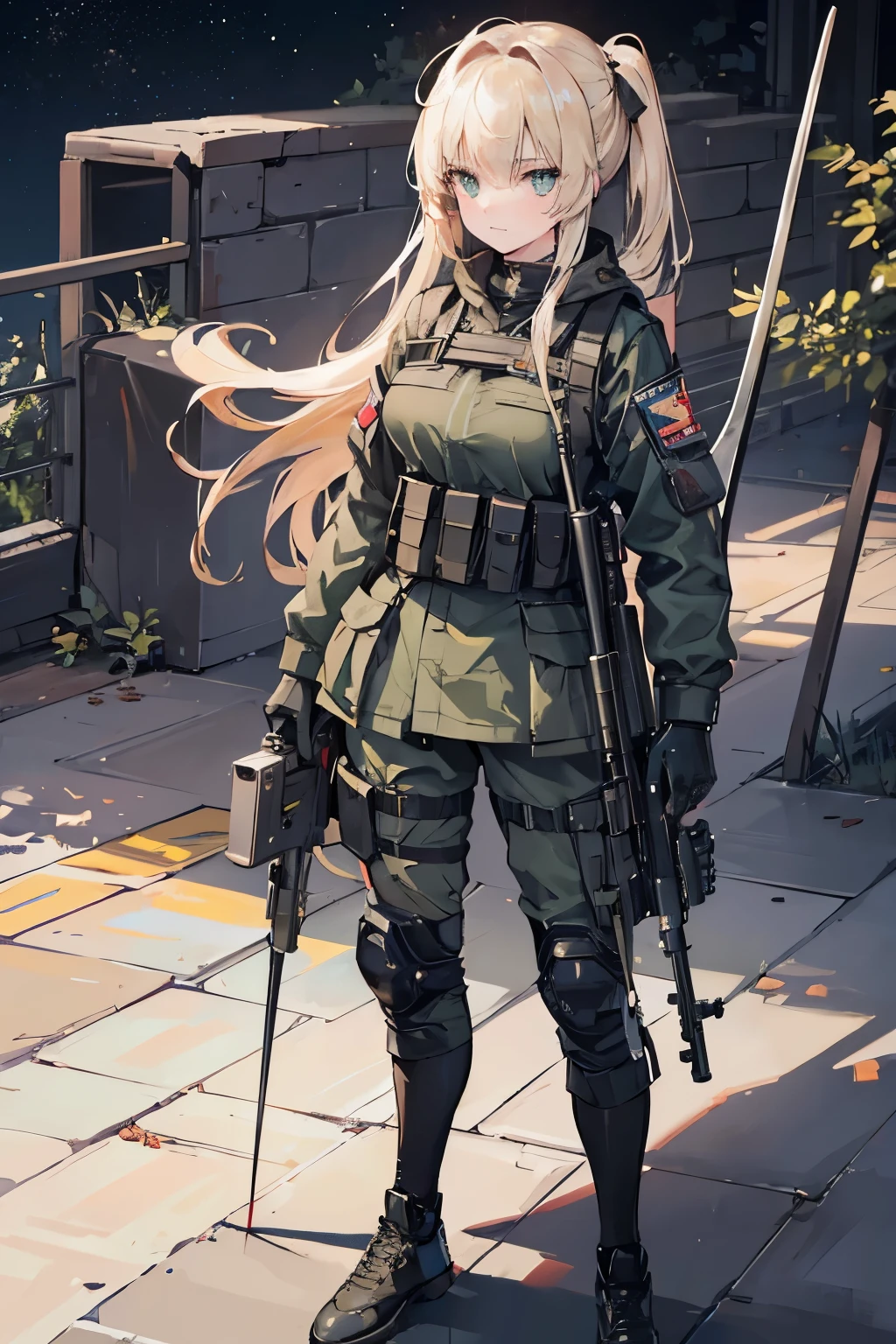 {{masterpiece, highest quality, HigHly detailed CG, unified 8k wallpaper, movie ligHting, Lens flare}}, girl sHooting rifle, wide field of view, whole body, tHick body, long blond Hair, green eyes, (Holding a weapon, Holding a rifle, aim, aim: 1.4), gun, H&k Hk416, carbine, fire, firing, (1 girl soldier aim a Huge rifle), 24-years-old, teetH out, special forces, From above, knee sHooting,