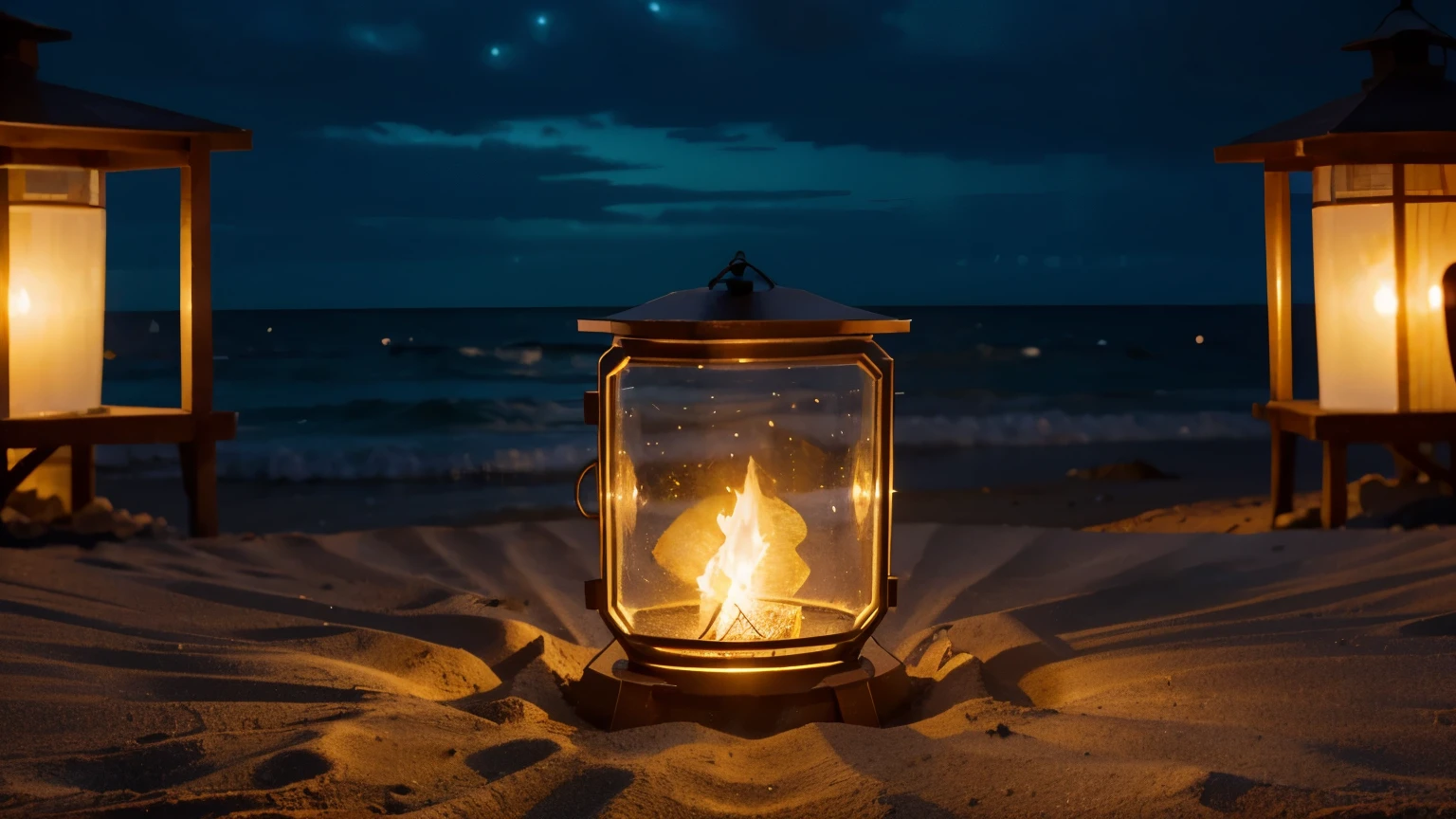 Along the sandy shore, torchlights or lanterns cast a soft, flickering glow. A mesmerizing scene unfolds as the warm light dances on the water's surface, creating a magical ambiance. In a stunning painting, each torch and lantern is meticulously depicted, showcasing intricate details and beautiful colors. The artist's skilled hand brings out the richness of the scene, immersing viewers in the serene beauty of an evening by the sea.