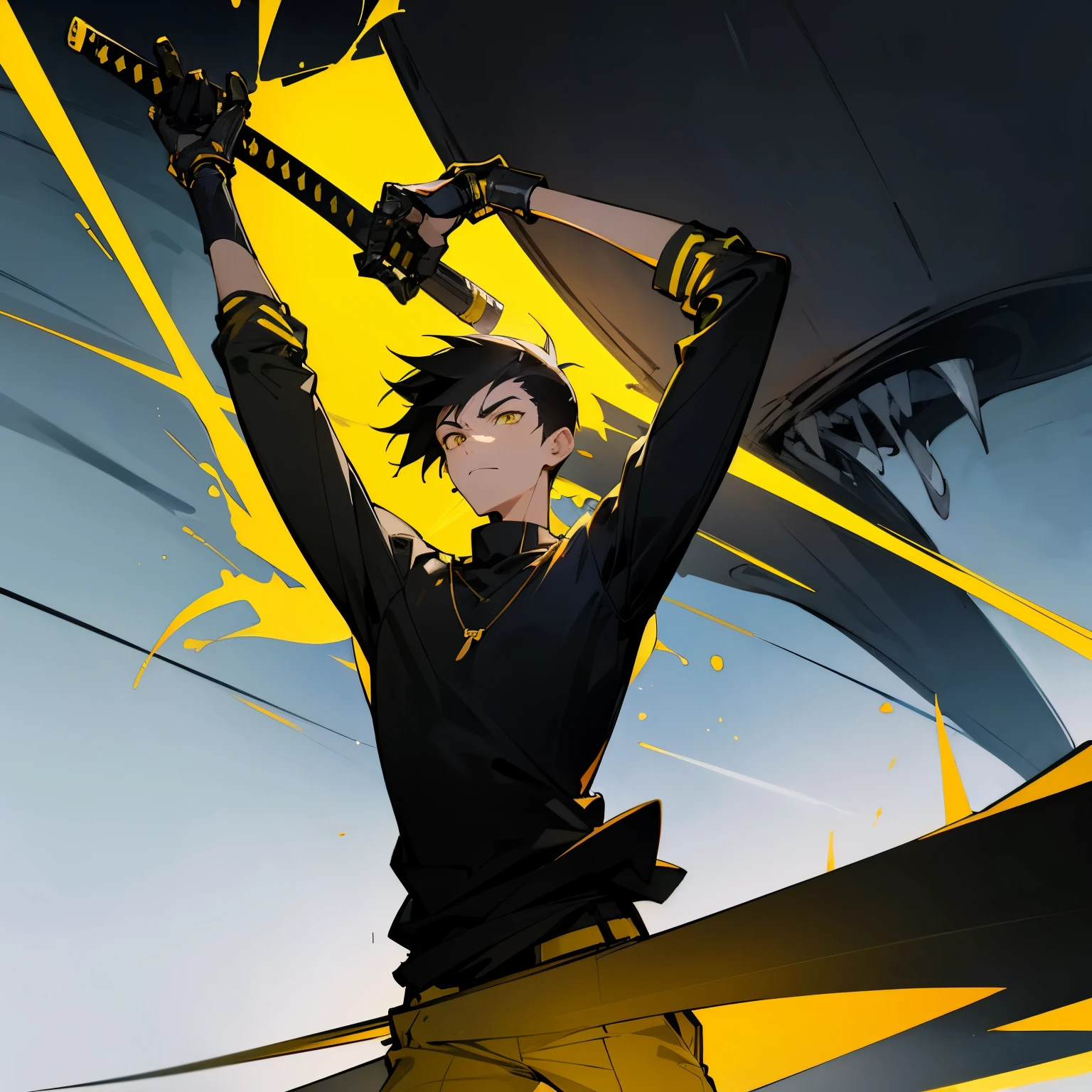 Draw an apathetic young man in a black shirt and yellow sweater with a cybernetic arm with a bone katana looking at the horizon without any hope