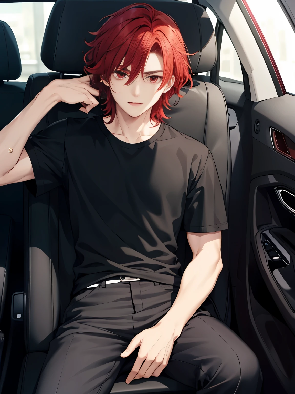 1boy, cool style,look away,Black t-shirt,Sitting in the car seat, white car,handsome,Shoulder length hair,curly hair, red hair,black trousers, black shirt, red eyes, vampire