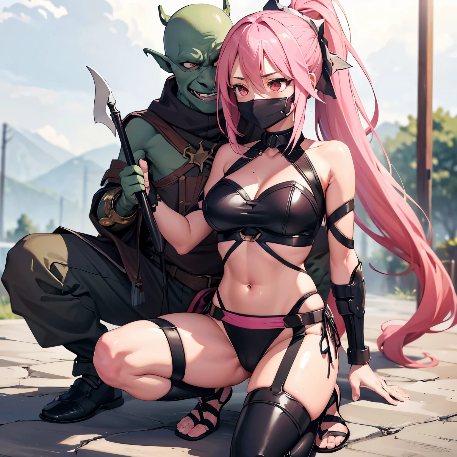 masterpiece, goblinriding, a goblin is riding a girl, (all fours), 1girl, (armor:1.1), (nose hook), goblin, reins, collar, Yuuki_Yuna, pink hair, long hair, red eyes, long ponytail, small breast, blank eyes, empty eyes, happy trance, in trance