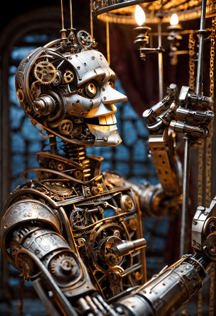 A striking image of a meticulously crafted mechanical puppet. The puppet is made of intertwining gears, rods, and metal plates that create a unique steam-punk aesthetic. With a human-like face, it has piercing eyes and a sinister smile. Hands are positioned as if it's about to perform a grand gesture, revealing the intricate clockwork mechanisms within. The background is a dimly lit, Victorian-style room with a large window, allowing the cold, pale moonlight to illuminate the intricate creation.