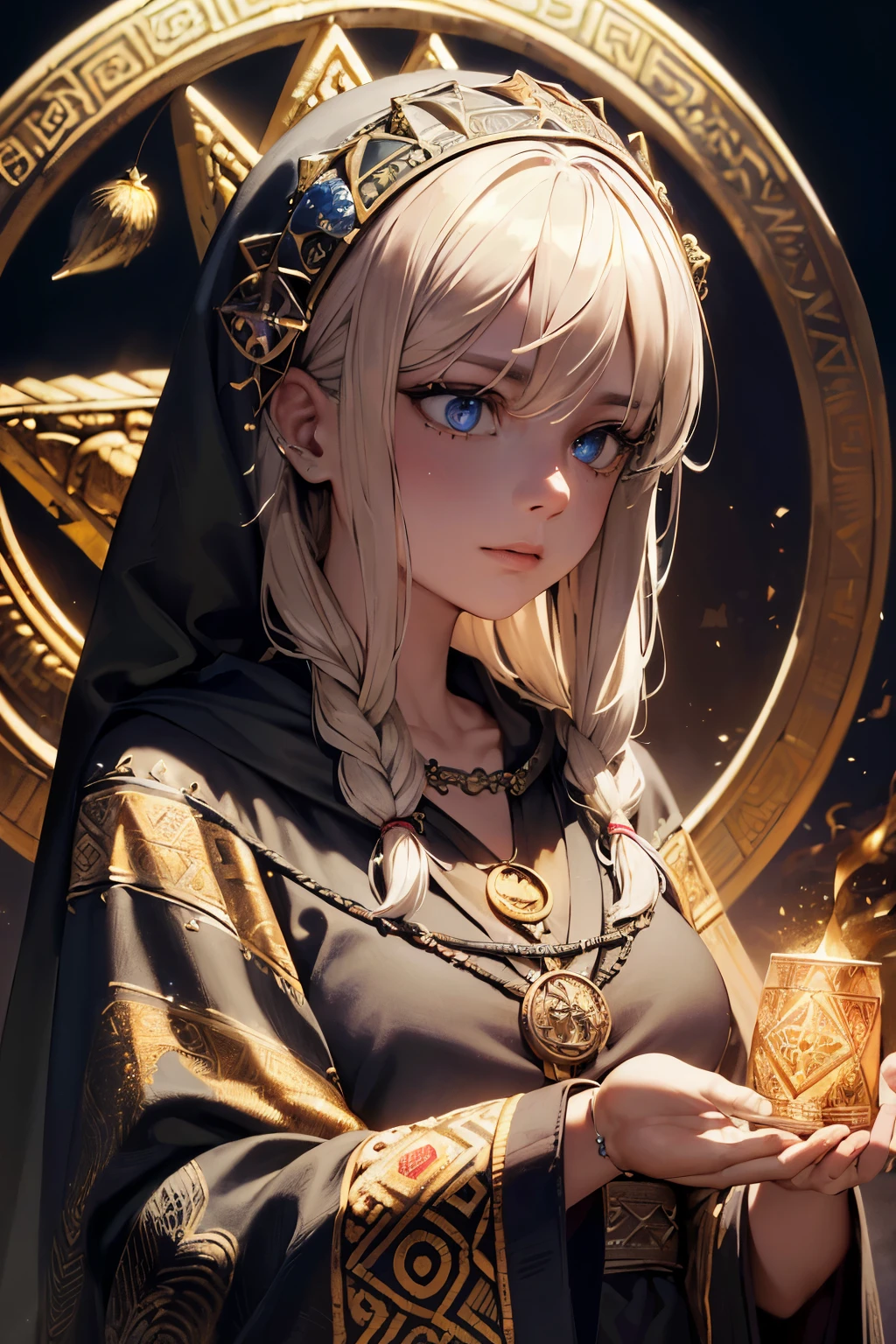 (Best quality, masterpiece:1.4), (realism:1.2), (realistic:1.2), (absurdities:1.2), 4K, detailed, ultra-detailed, digital art, detailed face, (hyper-detailed eyes:1.2),
(Richly decorated background: 1.4), mystical, dark atmosphere, magical, golden lighting, ancient symbols, Celtic runes, sacred geometry, ethereal mist,
(Witch: 1.4), powerful sorceress, enchantress, adorned with intricate tattoos, tribal patterns, spellbinding charms,
(Pagan: 1.4), nature-worshipper, connected to the elements, adorned with sacred amulets, rustic