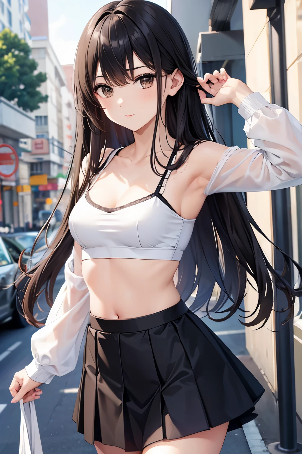 best quality, highres,1 woman,Slender、small face、brown eyes、tall、In town、black hair BREAK、long hair、(white bra top:1.4 BREAK)、(black skirt:1.2)、(beautiful woman:1.5)、25 years old、Mature、midriff peek,