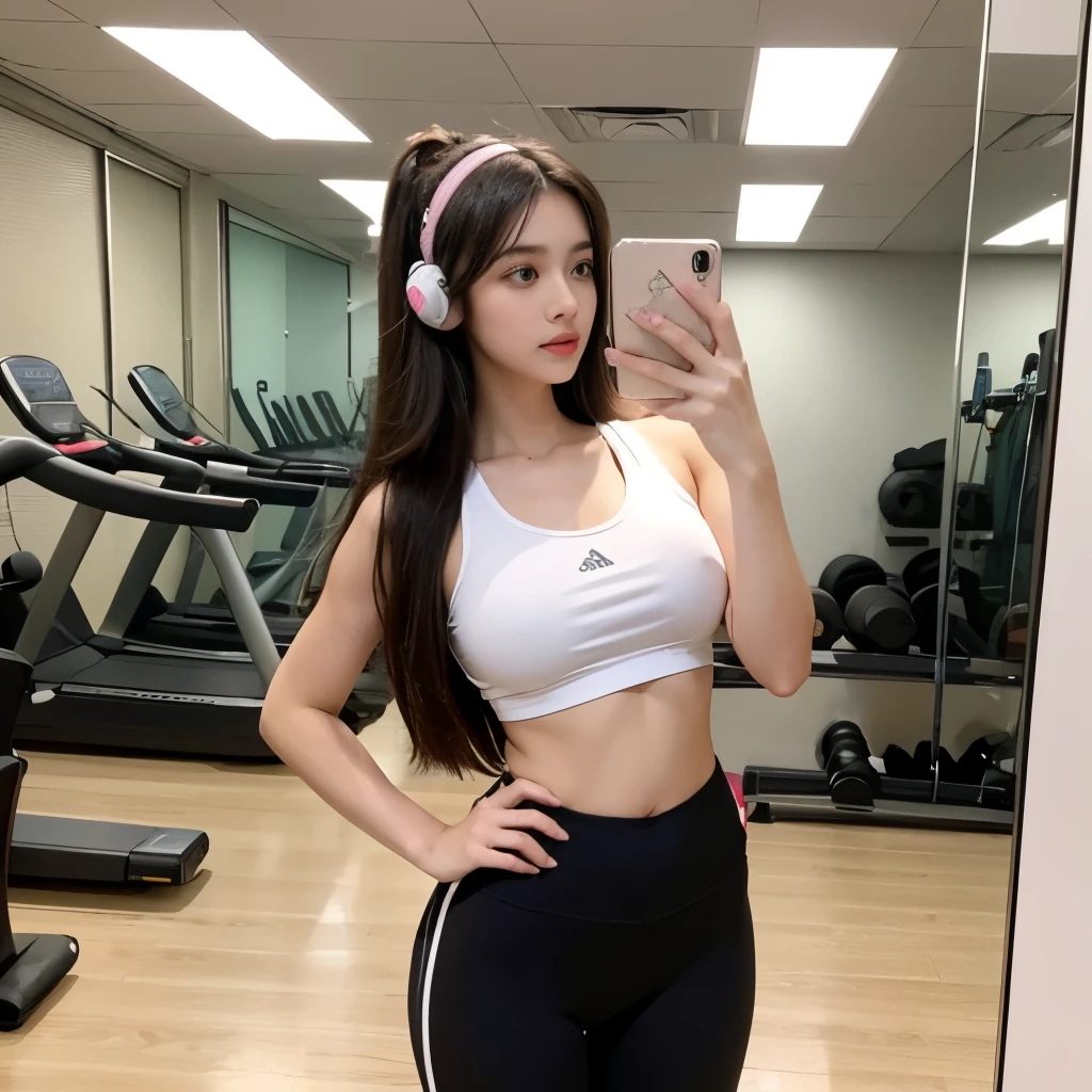 20 years old girl, beautiful girl, big breast, long hair, yoga girl clothes, standing pose, wearing headphones, selfie in gym , full body, mirror selfie