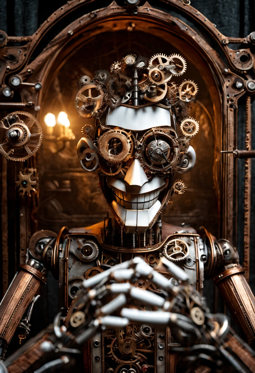 A striking image of a meticulously crafted mechanical puppet. The puppet is made of intertwining gears, rods, and metal plates that create a unique steam-punk aesthetic. With a human-like face, it has piercing eyes and a sinister smile. Hands are positioned as if it's about to perform a grand gesture, revealing the intricate clockwork mechanisms within. The background is a dimly lit, Victorian-style room with a large window, allowing the cold, pale moonlight to illuminate the intricate creation.