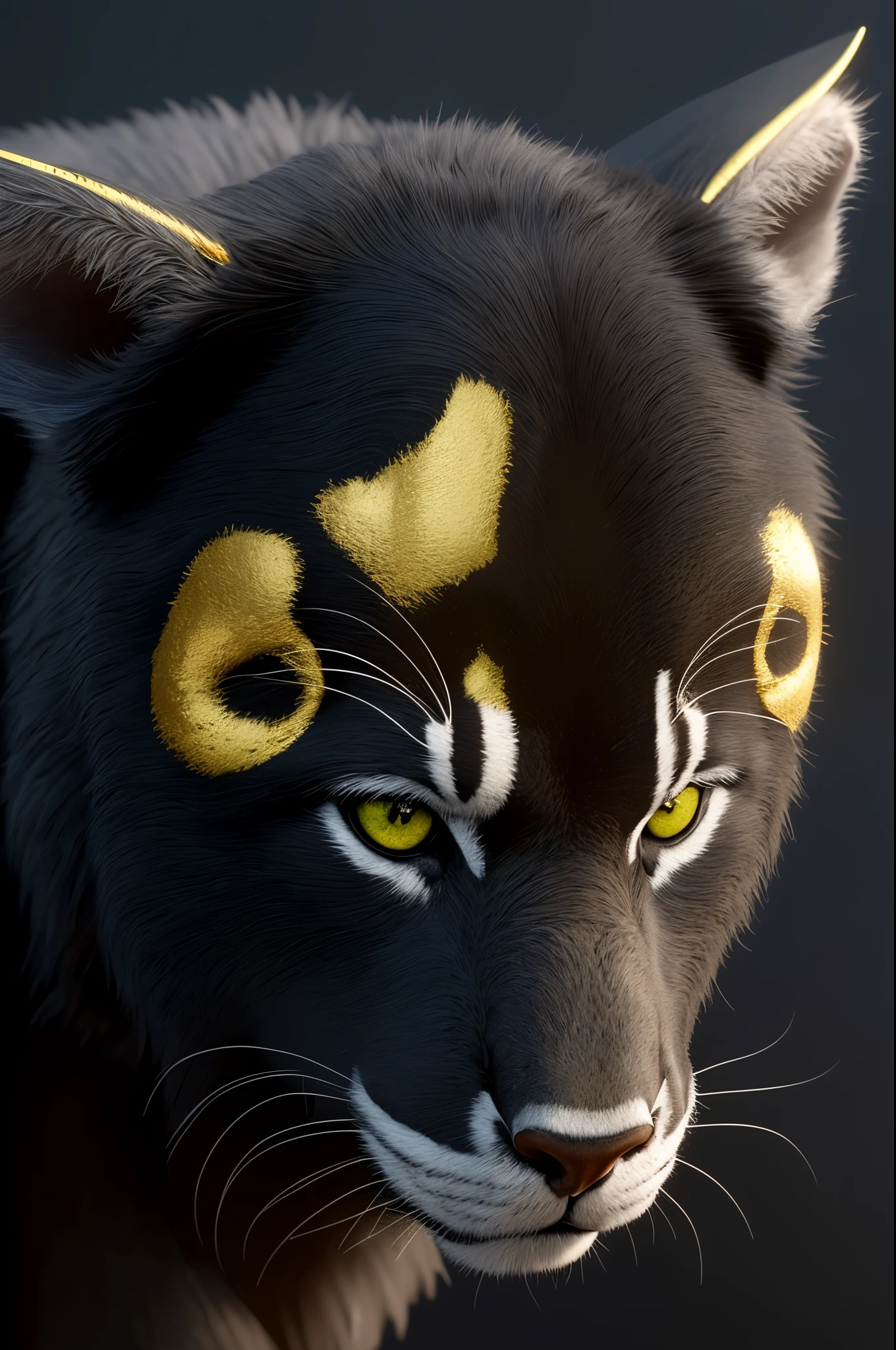 a close up of a Pantera negra with a gold face, 8k rendering”, black octane rendering, 8k CG rendering, Pantera negra, octane rendering ”, octane rendering”, high quality rendering, cgi 8k, 8k octae render photo, super detailed octane rendering, 3D rendering trends in artstation, fundo wakanda, octane rendering ] ”
