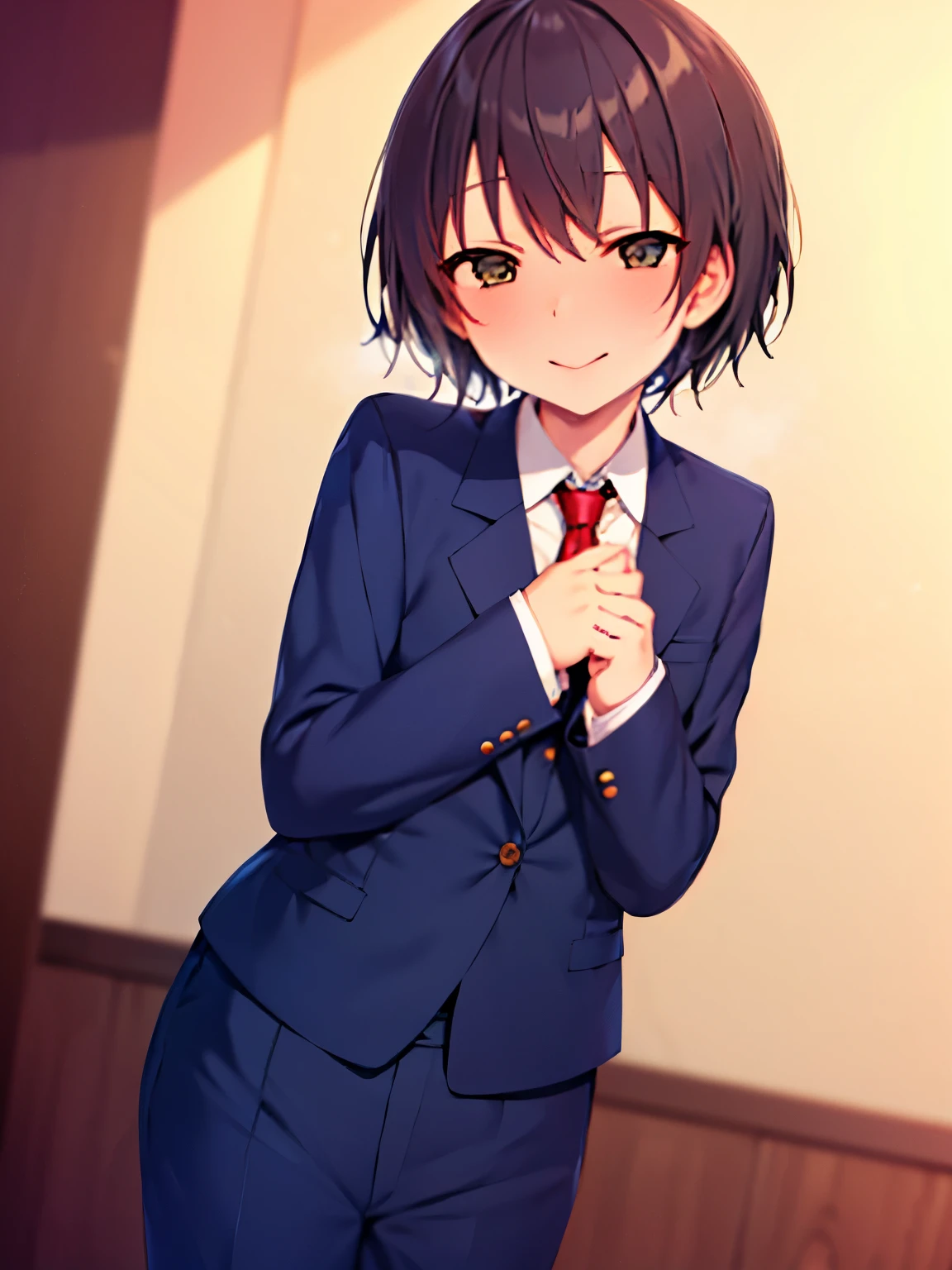 high quality,masterpiece。Cute androgynous short haired man,high school boy,his hair is not long,his hair is brown and very short.He stands upright with his face and body facing the viewer.,true identity。his hands are empty,Do not pose your hands。he looks 。his chest is flat,Good style。he is smiling with a cute face,mouth is closed,Both eye colors are brown。Clothes are boys' school uniforms,The male uniform consists of a tie, blazer, and long pants.。He stands,The place to stand is the classroom。