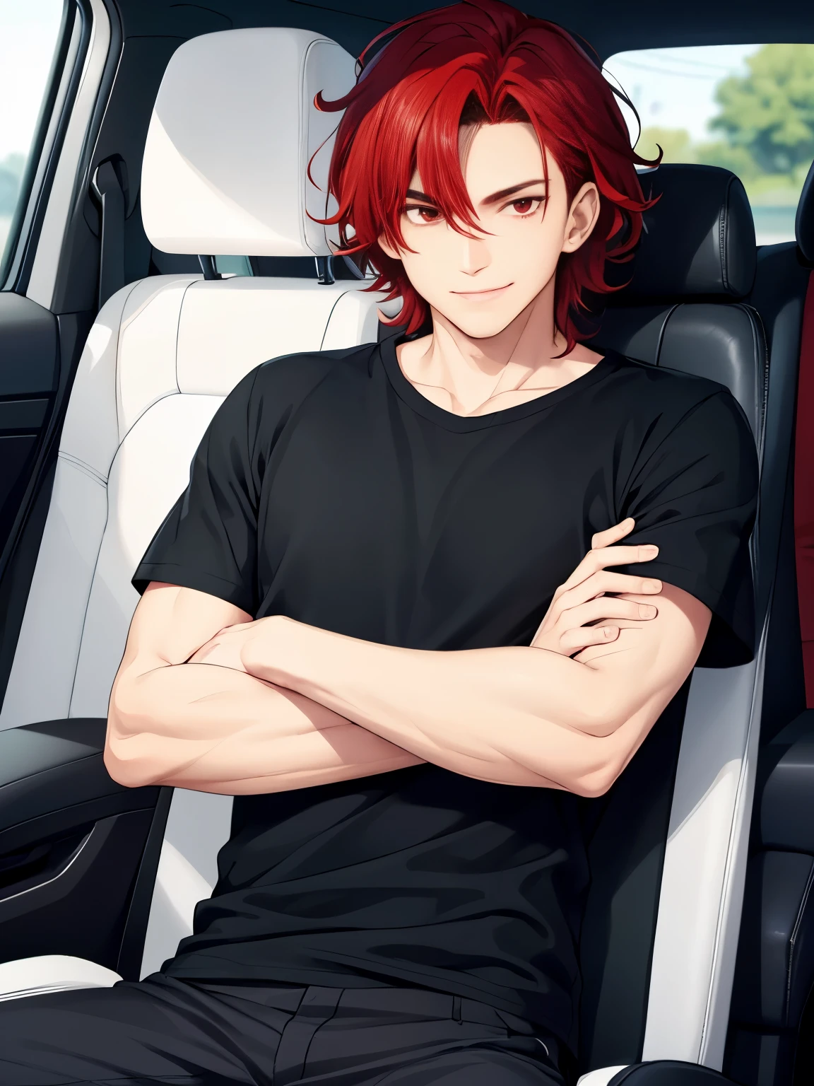 1boy, cool style,Black t-shirt,Sitting in the car seat, Crossed arms, thin smile,white car,handsome,Shoulder length hair,curly hair, red hair,black trousers, black shirt, red eyes, vampire
