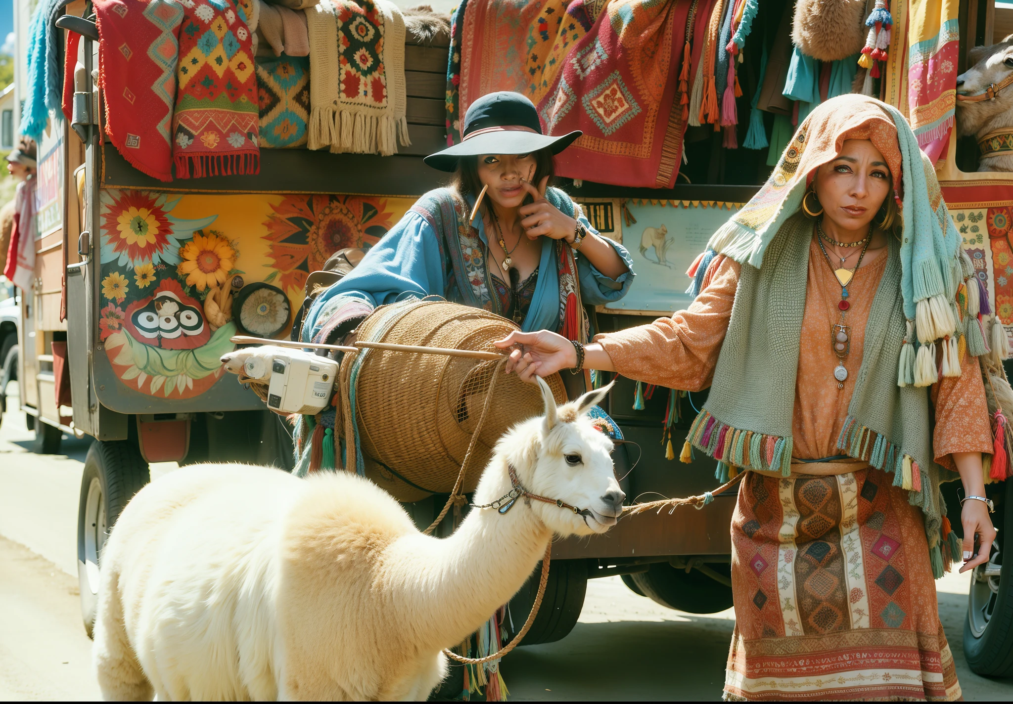 araffe and a woman walking with a llama in front of a truck, neo - gypsy caravan, bohemian fashion, hippie fashion, style blend of burning man, still from a live action movie, scene from live action movie, hippie, gypsy, 1970s hippie cloth style, authentic costume, cottagecore hippie, film still from the movie