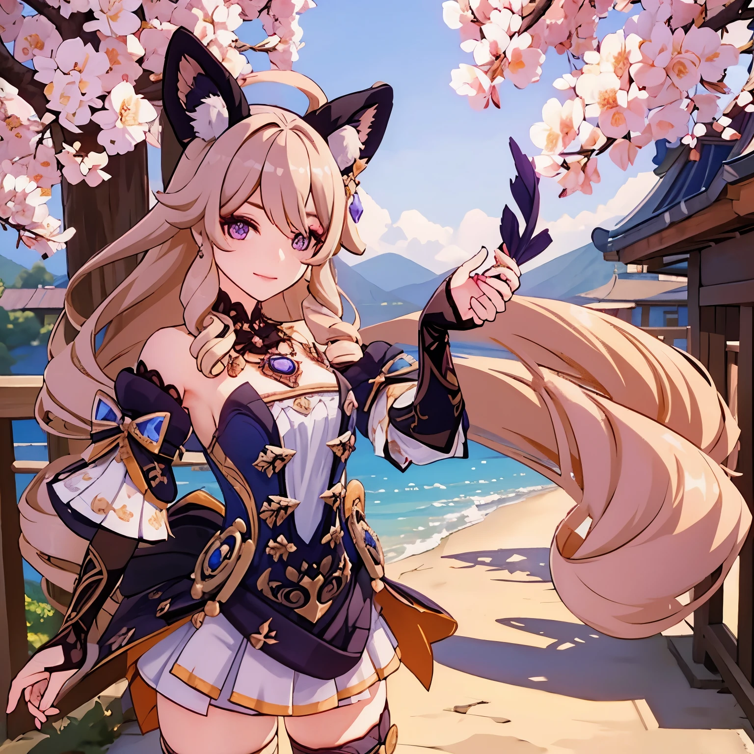 masterpiece, best quality, 1girl, solo, upper body, genshin impact, yae miko, 1girl, animal ears, branch, breasts, cherry blossoms, closed mouth, cowboy shot, earrings, flower, fox ears, japanese clothes, jewelry, long hair, looking at viewer, medium breasts, nontraditional miko, outdoors, pink hair, purple eyes, purple flower, ribbon-trimmed sleeves, ribbon trim, sidelocks, smile, solo, wide sleeves, dynamic pose,  genshin,