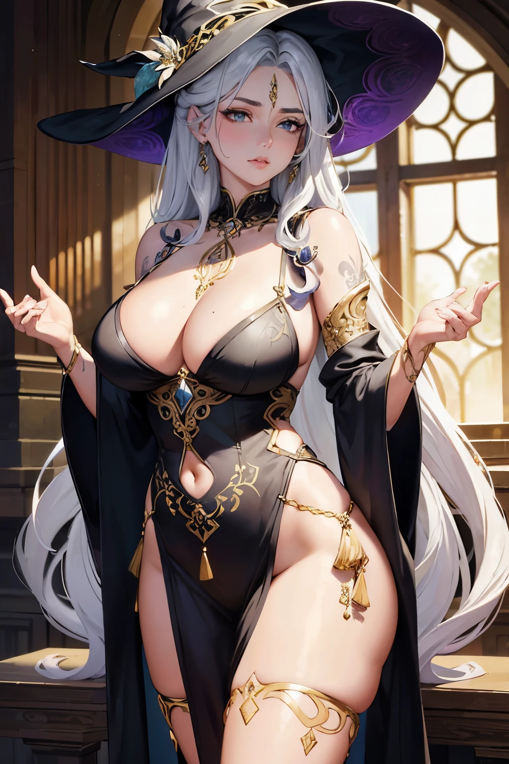 A realistic tattooed female witch with Celtic pagan elements dons a robemade of golden fleece, accentuating her intricate, mystical designs. With a pointed hatadorned with crystals and natural fibers, her enchanting gaze fixes on the viewer,episodes of truth and allure in her eyes. Her long, curly hair cascades around her shoulders, framing her face and revealing delicate, pierced ears. Her seductive pout and slightly parted lips convey a hint of mischief and allure. Her athletic figure showcases thin waist and thick hips, emphasized by her fitted robe. Her lower body is concealed by a flowing