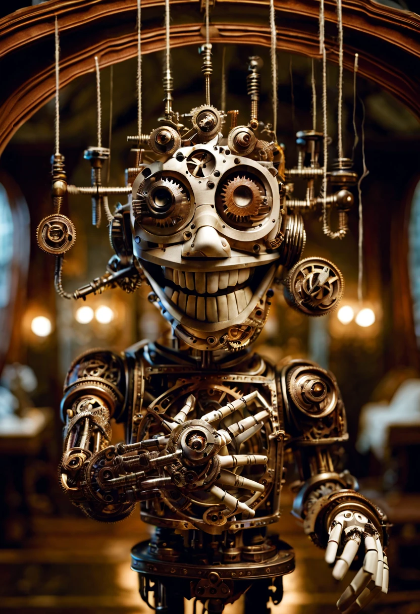 A striking image of a meticulously crafted mechanical puppet. The puppet is made of intertwining gears, rods, and metal plates that create a unique steam-punk aesthetic. With a human-like face, it has piercing eyes and a sinister smile. Hands are positioned as if it's about to perform a grand gesture, revealing the intricate clockwork mechanisms within. The background is a dimly lit, Victorian-style room with a large window, allowing the cold, pale moonlight to illuminate the intricate creation.