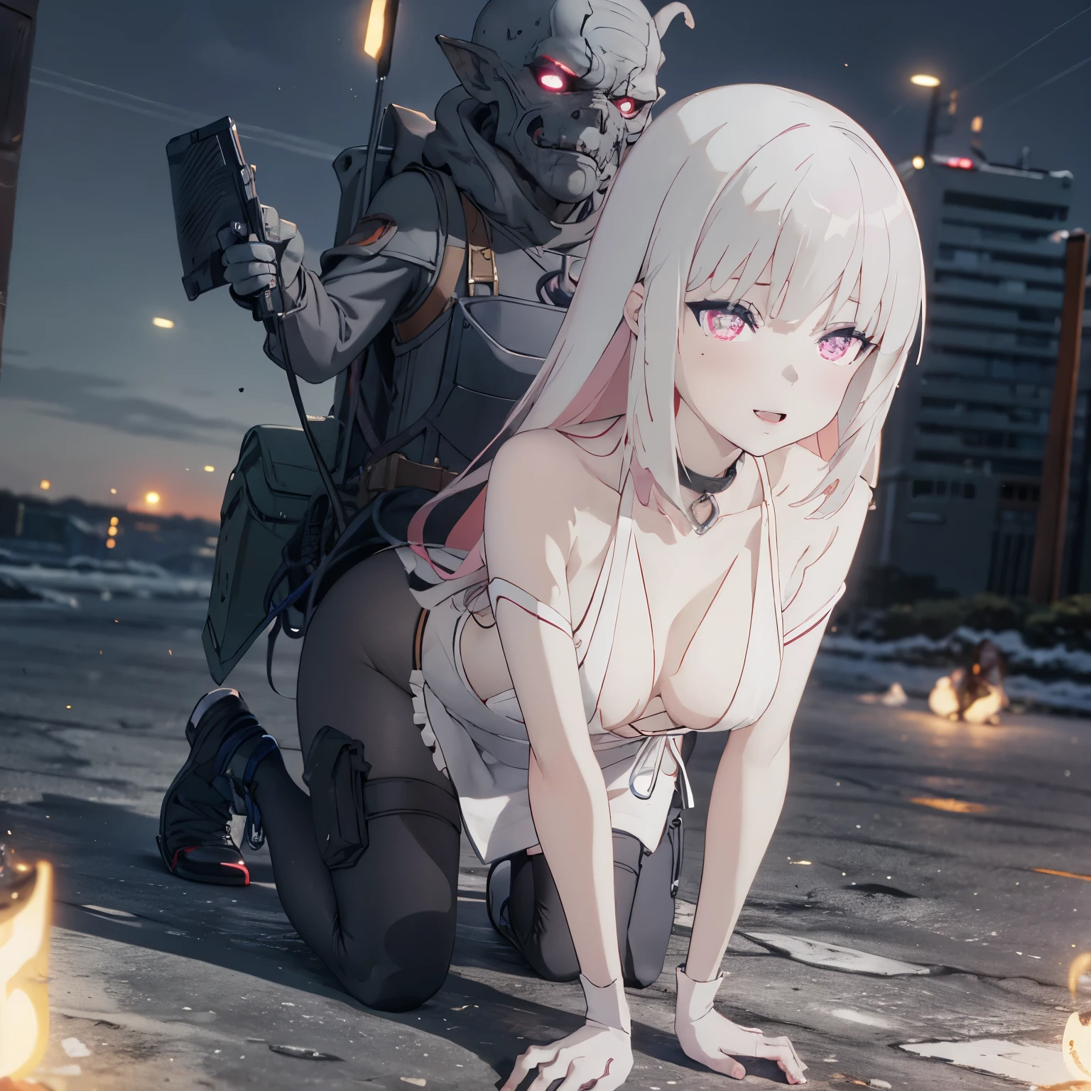 masterpiece, goblinriding, a goblin is riding a girl, (all fours), 1girl, (apron:1.1), (nose hook), goblin, reins, collar, lunatic, white hair, long hair, red eyes, small breast, glowing eyes, pale skin