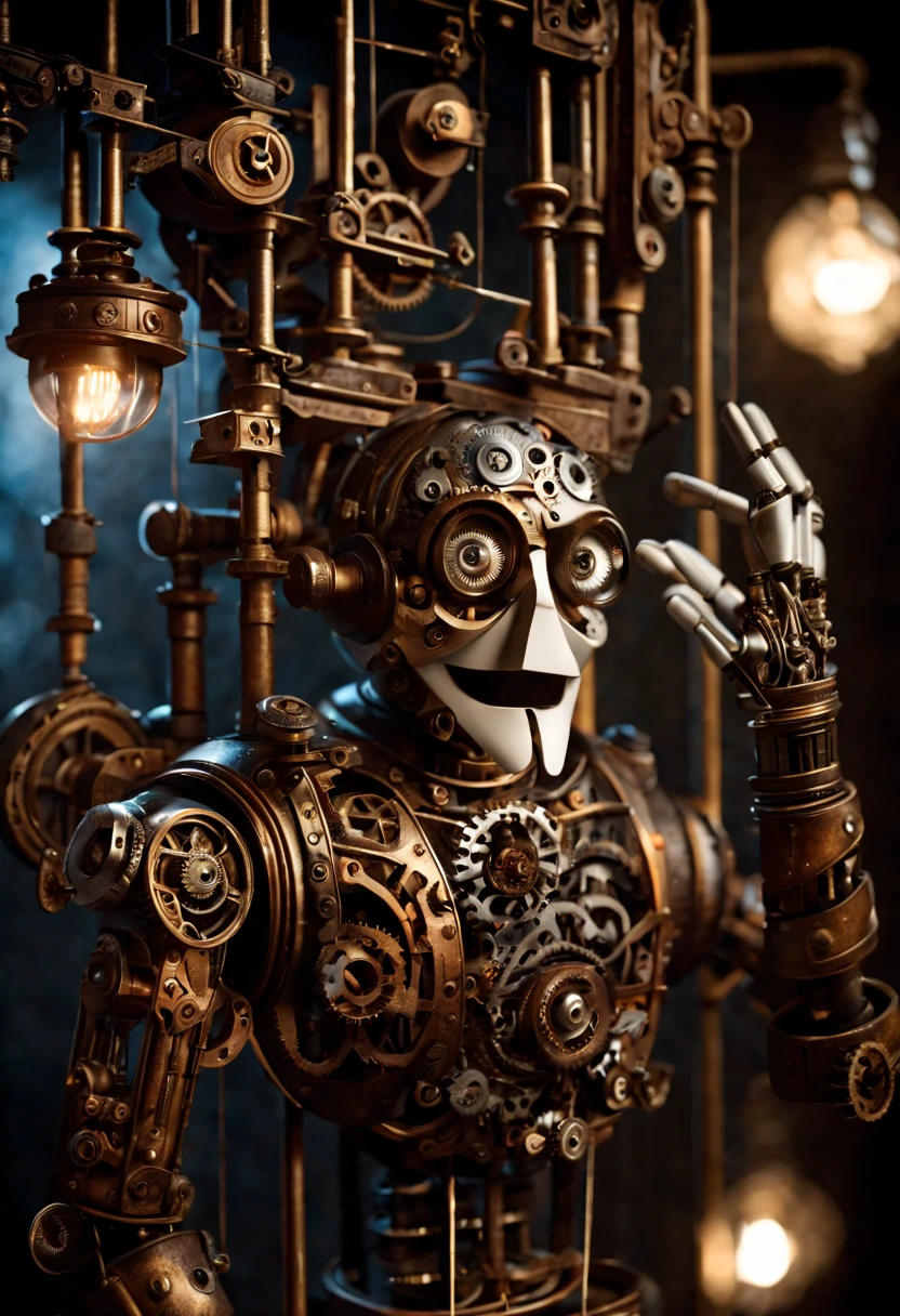 A captivating Victorian-era steampunk scene featuring an expertly crafted mechanical puppet. The puppet's intricate design includes a multitude of gears, rods, and metal plates that create a mesmerizing and industrial aesthetic. Its human-like face, with piercing eyes and a sinister smile, adds an eerie touch. The puppet's hands are poised to make a grand gesture, revealing the complex clockwork mechanisms hidden within. The dimly lit room, with a large window casting cold, pale moonlight, serves as the perfect backdrop, highlighting the puppet's extraordinary detail and craftsmanship.