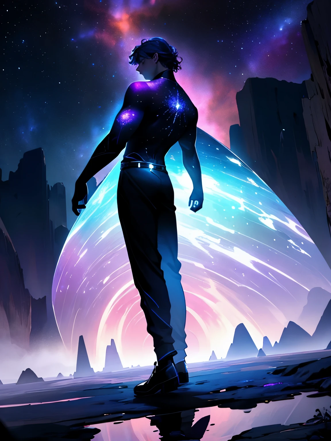 In the heart of a mesmerizing dreamscape, an anonymous figure stands at the focal point, their back turned to the observer, immersed in a canvas painted with dark, mysterious undertones and a vivid array of celestial colors. Silhouetted against a backdrop of midnight blues and deep purples, the person's outstretched hands reach into the cosmos, adorned with celestial symbols, embodying a profound yearning for purpose. Above, swirling nebulae of sapphire and crimson dance in a cosmic ballet, while below, a labyrinth of roots connects the seeker to the earth's essence, depicted in rich, earthy tones. Phosphorescent glyphs on towering monoliths tell tales of forgotten wisdom, casting shadows that contribute to the theatrical chiaroscuro effect. This captivating image invites viewers to reflect on the universal pursuit of meaning and adventure, with the enigmatic figure serving as a symbolic vessel for the complexities inherent in the quest for purpose.