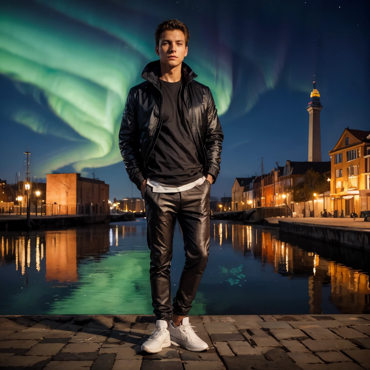 Absurd resolution, high resolution, (masterpiece: 1.4), hyperdetail, 1boy, face focus, night, mature man, successful person, black suit, jacket, white shirt, serious and cold expression, full body shot, aurora phenomenal, midnight
