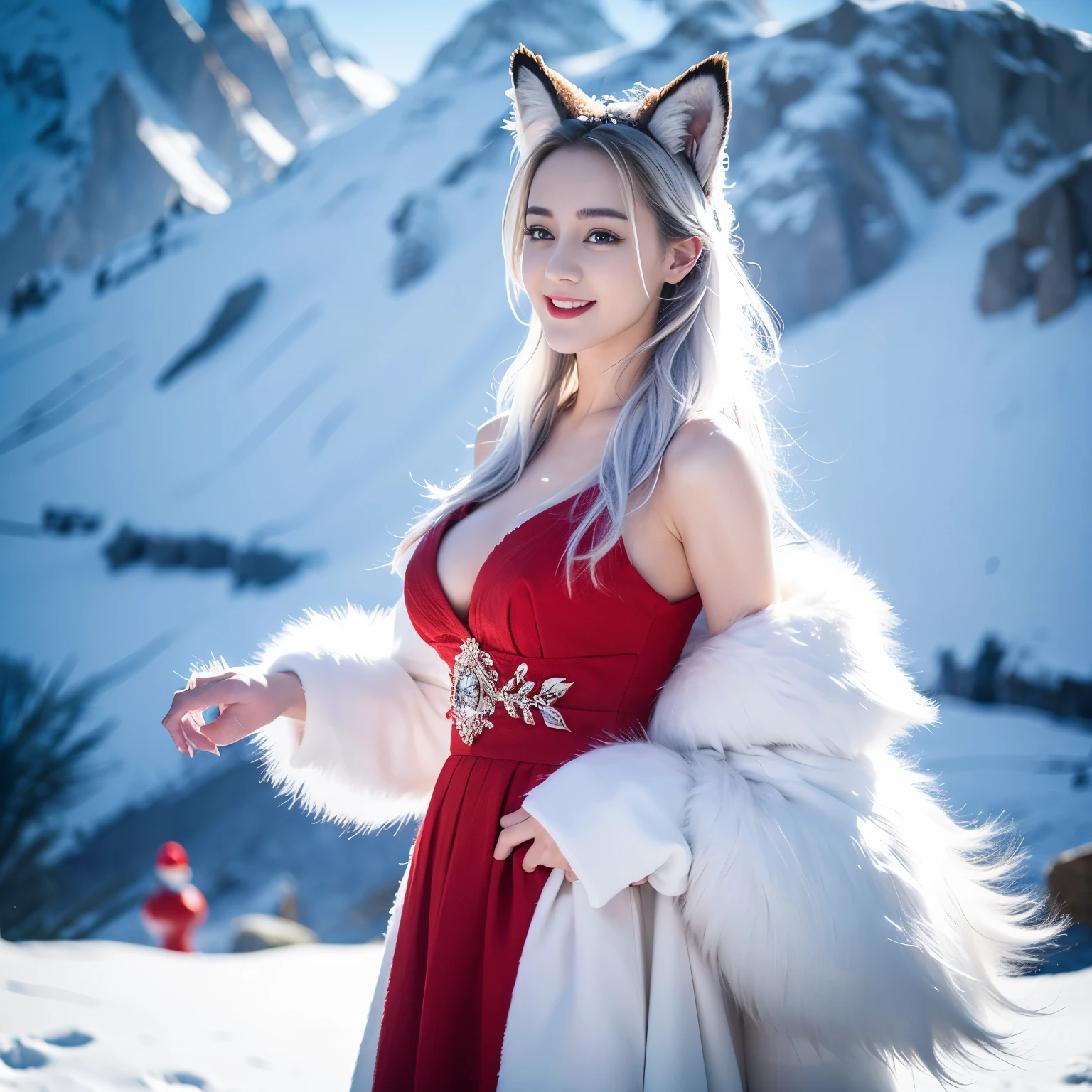 ((top quality、8k、Masterpiece:1.3))、Extremely delicate and beautiful girl,huge breasts,bigger breasts,amazing breast size,G cup,Very white skin,fiery red lips,Waist is very thin,Thighs are very thin,White and smooth skin,Smooth and fair skin,flawless skin,Fair and shiny skin,cold white skin,The camera focuses on the chest,close shot,There is a long tail behind,hairy,fox ears,A scene of heavy snowfall,Snow covers the ground,snow mountain,lake,long skirt,white hair,The hair is white,Smile