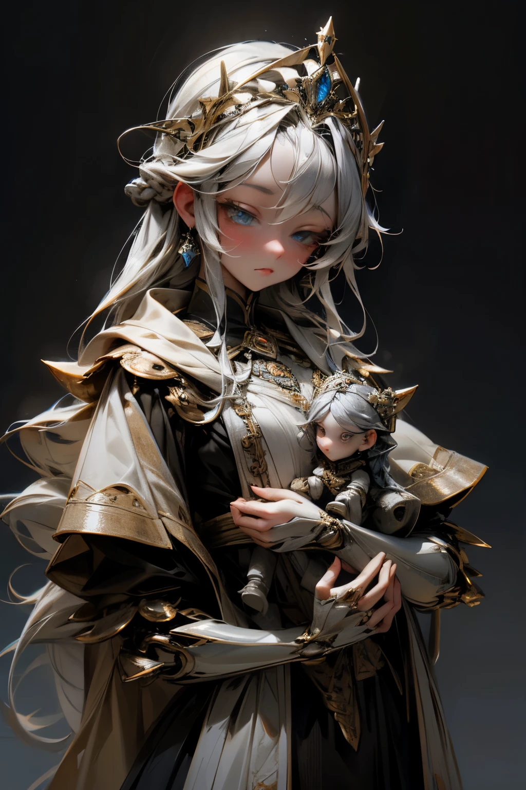 best quality, 32k, RAW photo, incredibly absurdres, extremely detailed, delicate texture, mechanical puppet, beautiful princess, silver braided up hair, tiara, fantasy, background castle