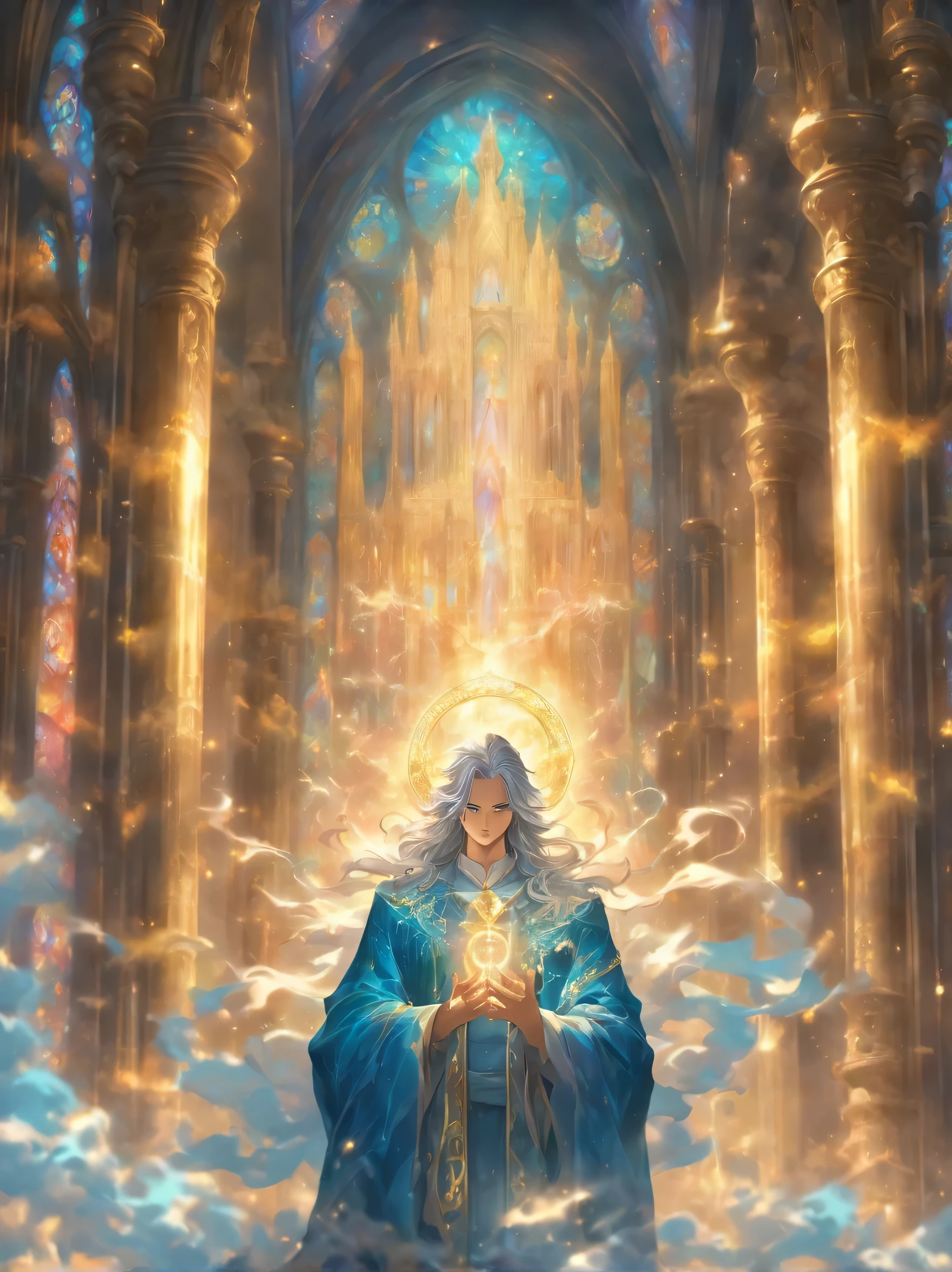 santo de cabelos prateados, colossal com cauda dupla, padre, sagrado, lado, Nojento, repulsivo, oil painting, pincelada detalhada, arquitetura grandiosa, catedral ornamentada, majestosos vitrais, atmosfera serena, aura divina, ethereal light, tons celestiais de azul e dourado, sombras assustadoras, mystical symbols, escrituras antigas, Tranquilidade espiritual, sacred ceremony, incenso hipnotizante, Adoradores devotos, Solemn Expressions, Divine Presence, Gothic Inspiration, tranquilidade celestial, divine transcendence, beleza sobrenatural, elementos sobrenaturais, ambiente estranho, ethereal mystique, divine intervention