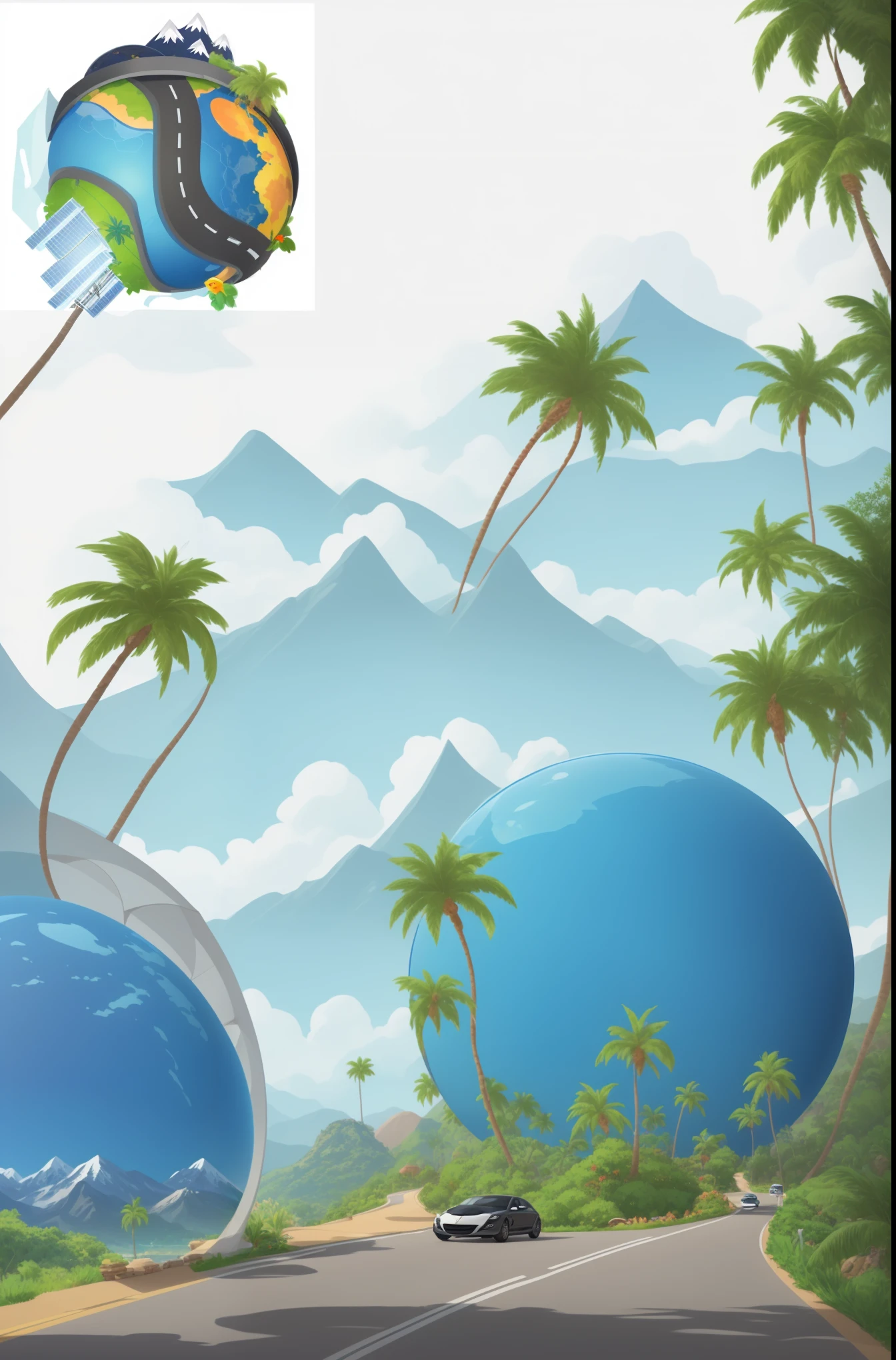 a cartoon image of a road going through a globe with mountains and palm trees, tourist attraction, illustrated logo, avatar image, artistic depiction, image, Concept works, 2 5 6 x 2 5 6 pixels, environment, Very stylized, webdesign icon for solar carport, Illustration detailed, HD illustrations, Website avatar, icon, planet, Reddit post, logo, logo