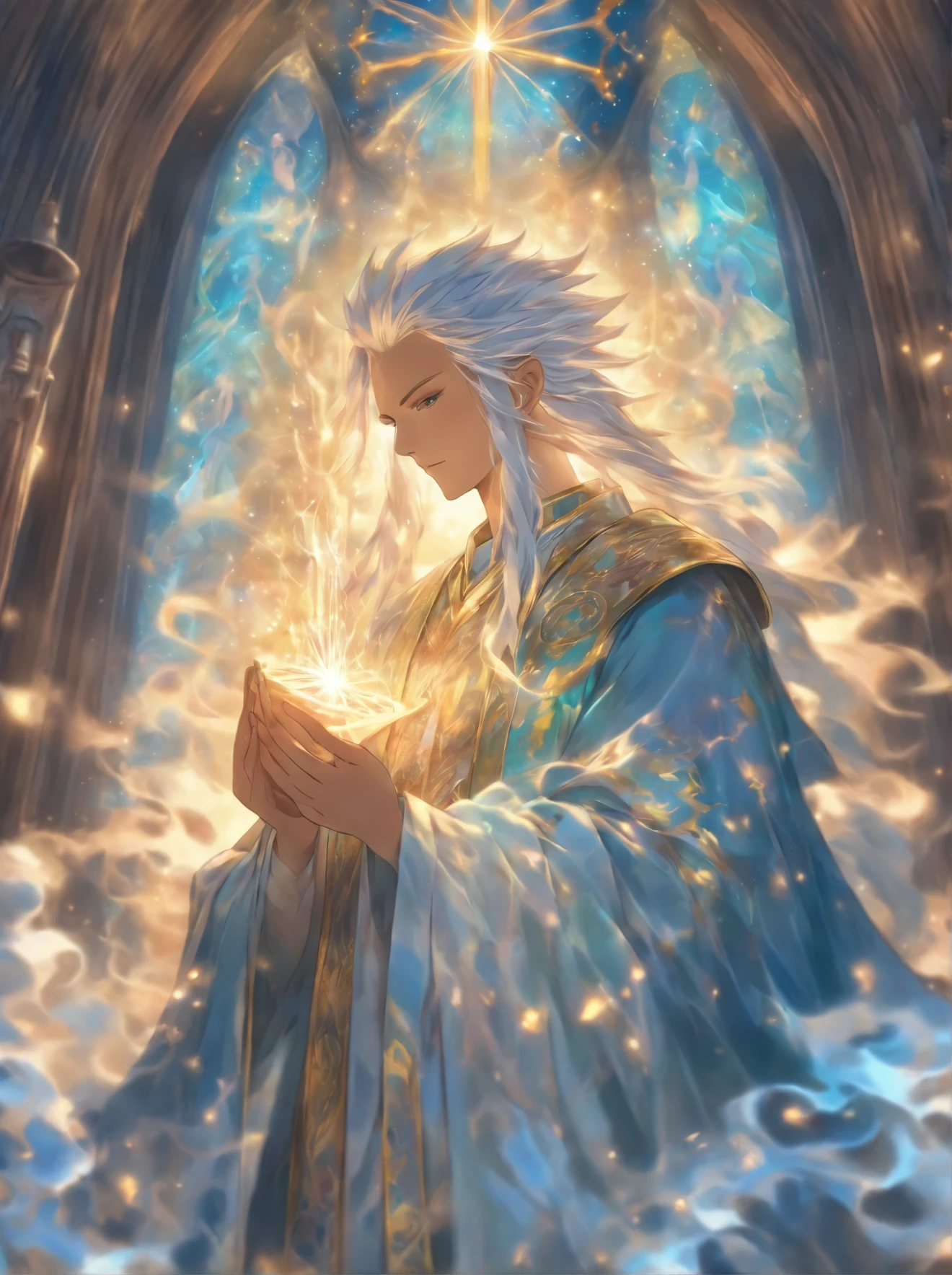 silvery-haired saint, colossal with double tails, priest, holy, side, disgusting, repulsive, oil painting, detailed brushwork, grandiose architecture, ornate cathedral, majestic stained glass windows, serene atmosphere, divine aura, ethereal light, heavenly blue and gold tones, haunting shadows, mystical symbols, ancient scriptures, spiritual tranquility, sacred ceremony, mesmerizing incense, devout worshippers, solemn expressions, divine presence, gothic inspiration, heavenly tranquility, divine transcendence, otherworldly beauty, supernatural elements, eerie ambiance, ethereal mystique, divine intervention