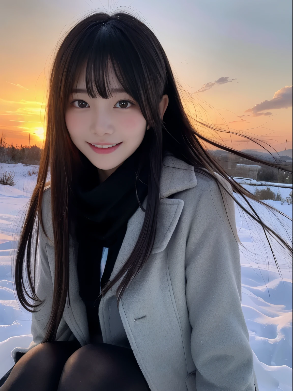 (Dressed in winter uniform with winter coat and scarf、Close up focus on the face of a slender girl with long hair with blunt bangs :1.5)、smiling girl:1.5)、Scarf、light shines on your face、(Girl's hair fluttering in the wind:1.5)、(Beautiful snowy sunset red sky:1.5)、(no mask:1.3)、(full finger:1.3)、realistic、High resolution, delicate and beautiful、perfect face、detailed and beautiful eyes、Fair skin、real human skin、pores、((thin legs))、(black hair)、Stylish and beautiful legs、bright、High luminosity、black tights、slender beautiful legs