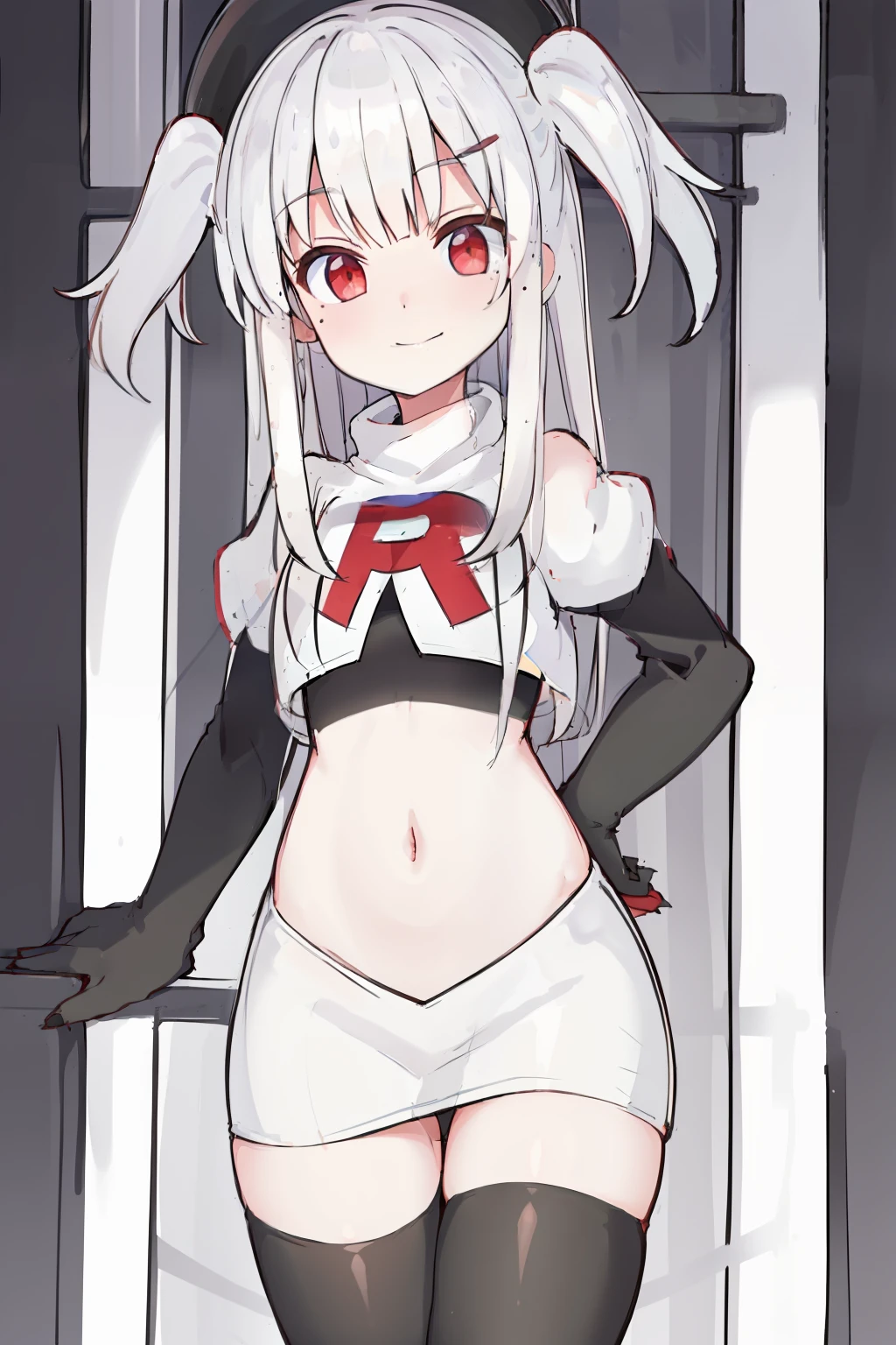 komori,masterpiece,best quality,white hair, red eyes,(black formal hat),(hairclip),(small mole under mouth),smile,highres,4k,team rocket,team rocket uniform,white skirt,red letter R,crop top,black thigh-highs,black elbow gloves