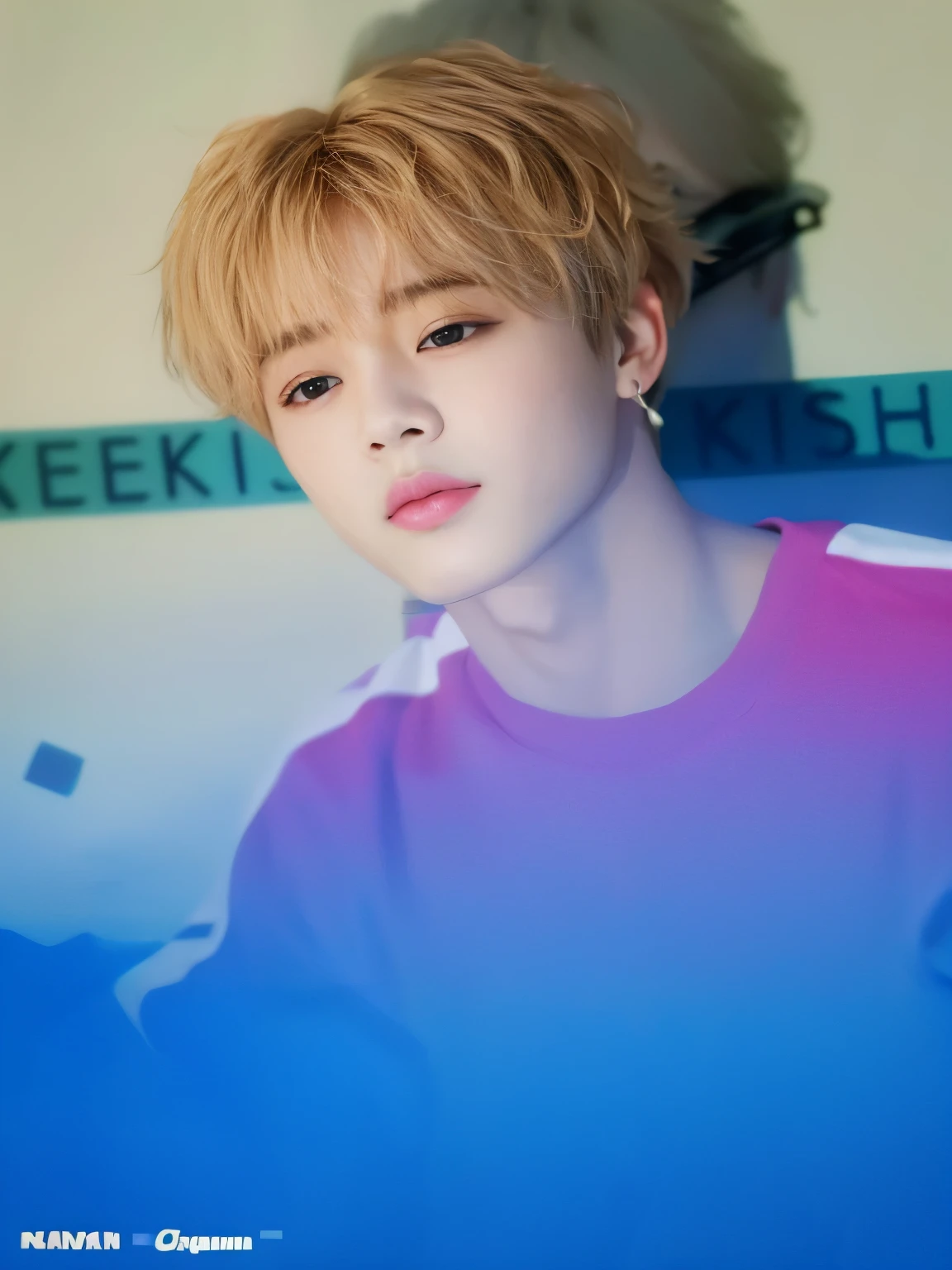 a close up of a person with a pink shirt and a blue background, park jimin, jimin, jimin\'s plump lips, jimin\'s grecian nose, key still, jimin\'s right eyelid swollen, cai xukun, accurate jimin face, inspired by jeonseok lee, ten lee, jung jaehyun, hyung tae, taejune kim