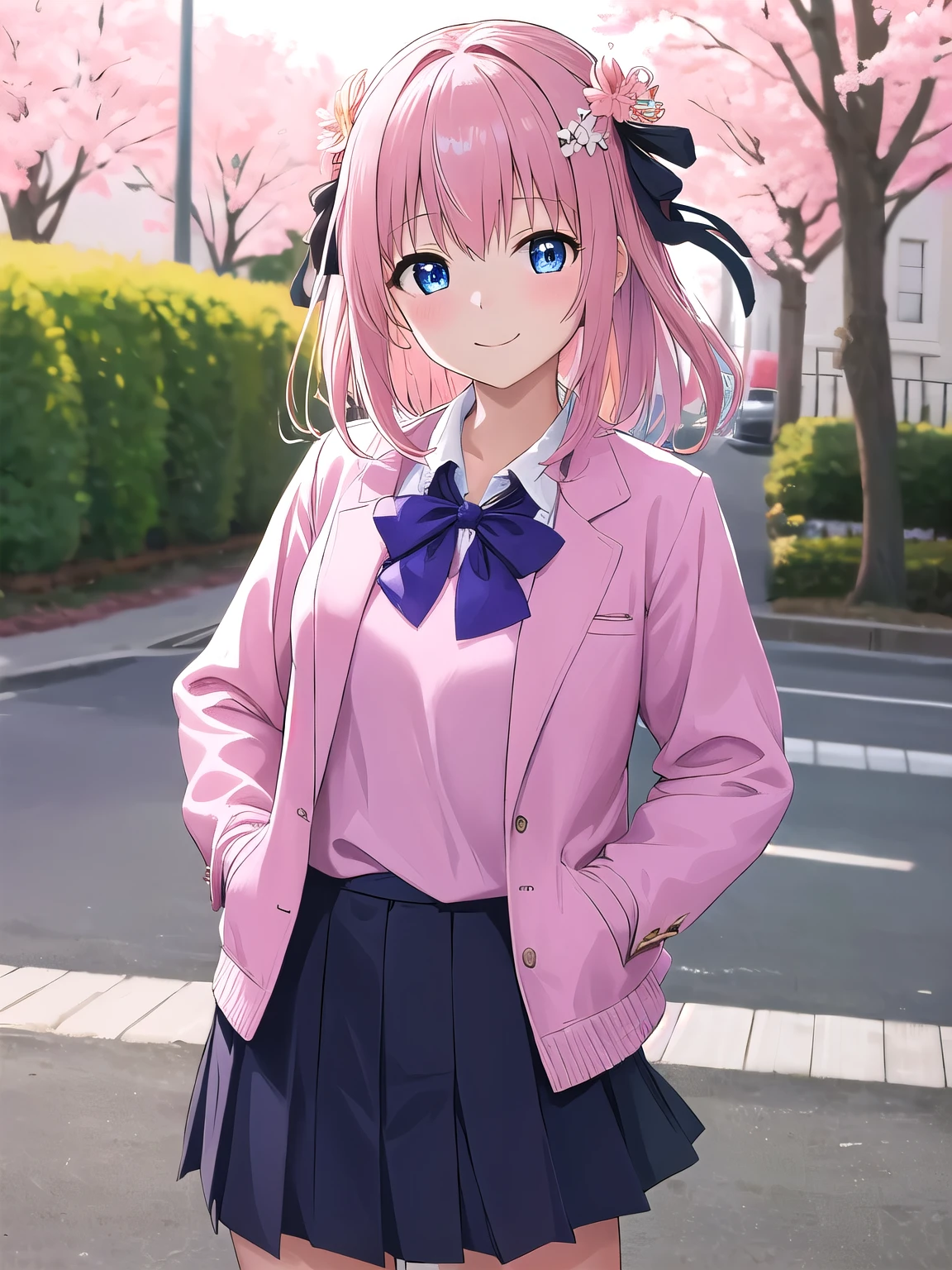 masterpiece, highest quality, High resolution, yui, 1girl, blue eyes, hair 、flower＿hair ornaments, pink hair、white sweater, purple jacket, smile, long sleeve, open clothes, black bow, skirt, cowboy shot, outdoors, street, Are standing, put one&#39;s hand in one&#39;s pocket,