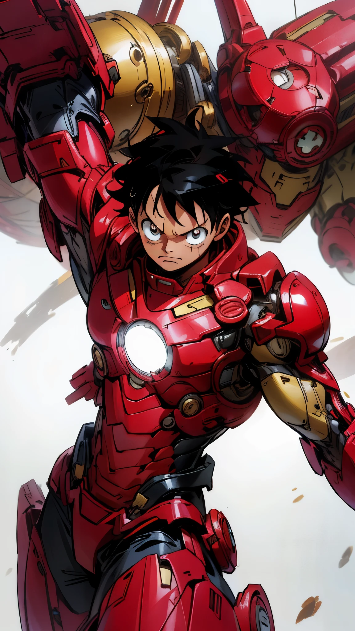 Luffy combines Iron Man in a breathtaking masterpiece:1.2,ultra-detailed,realistic:1.37 portrait painting. The best quality, 4k, 8k, highres, and ultra-detailed features are incorporated to showcase the vibrant and energetic fusion of Luffy and Iron Man. The artwork exudes a vivid color palette and sharp focus, emphasizing every intricate detail of Luffy's face with beautiful detailed eyes, beautiful detailed lips, extremely detailed eyes and face, and long eyelashes. The composition captures Luffy wearing Iron Man's suit, blending their unique features seamlessly. The medium used for this artwork is a digital illustration, combining Cel-shading and realistic rendering techniques. The cel-shading adds depth to the characters' outlines, while the realistic rendering technique brings a photorealistic touch to the painting. The combination of these two techniques creates a visually captivating and dynamic piece. The background features a dynamic cityscape with futuristic buildings and a vibrant sky. The color palette consists of bold and vibrant tones, enhancing the overall energetic atmosphere of the artwork. The lighting setup showcases both natural daylight and the glow of Iron Man's repulsor beams, creating a visually stunning contrast and highlighting the subject. This prompt guarantees a high-quality art piece that merges the iconic characters of Luffy and Iron Man in a realistic and vivid style.