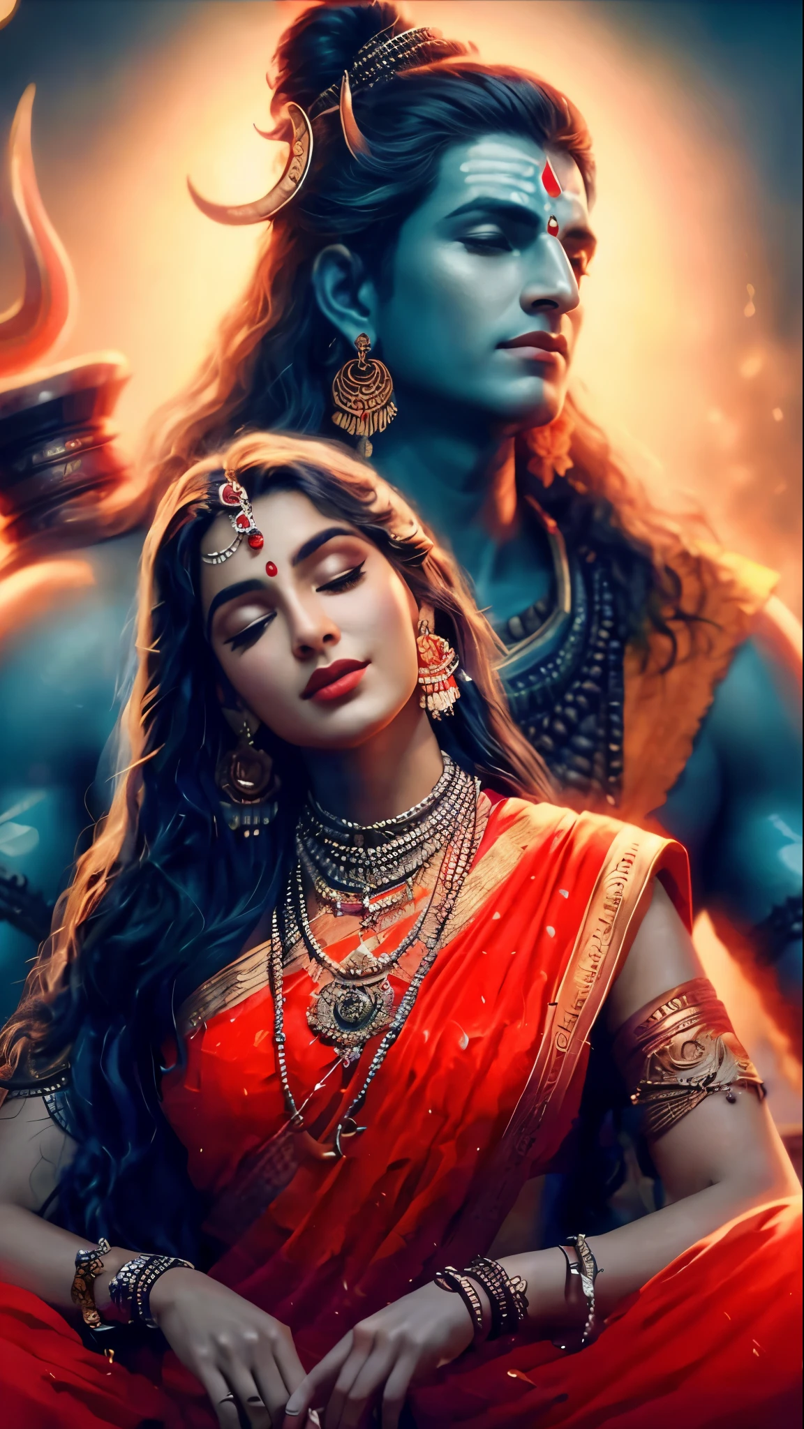 a painting of a woman in a red sari and a man lord shiva, romantic image, intimate moments, kissing each other hugging, indian goddess, beautiful depiction, shiva, devainart, indian god, indian art, 8k)), from ramayan, avatar image, profile pic, by Max Dauthendey