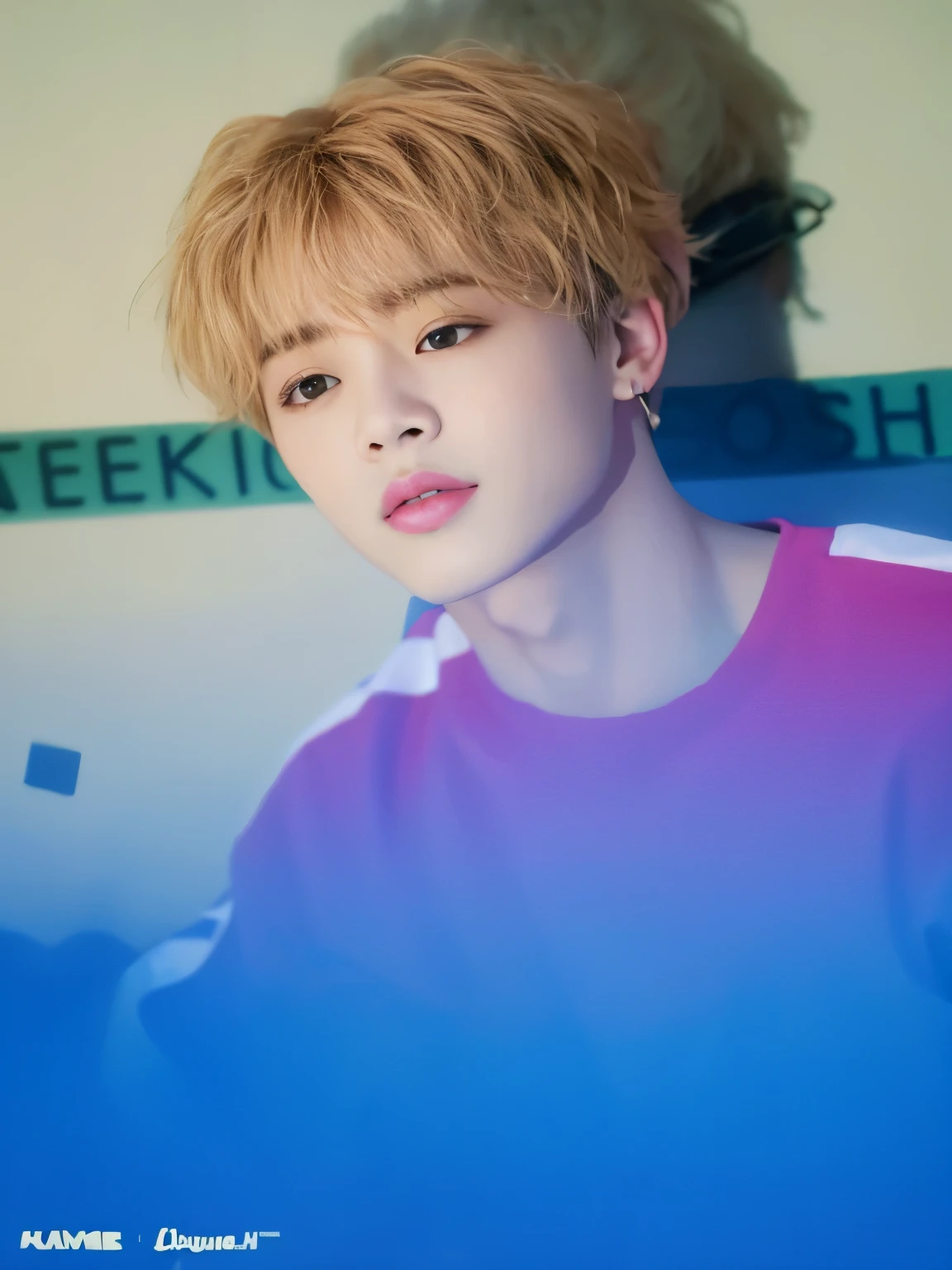 a close up of a person with a pink shirt and a blue background, park jimin, jimin, jimin\'s plump lips, jimin\'s grecian nose, key still, jimin\'s right eyelid swollen, cai xukun, accurate jimin face, inspired by jeonseok lee, ten lee, jung jaehyun, hyung tae, taejune kim