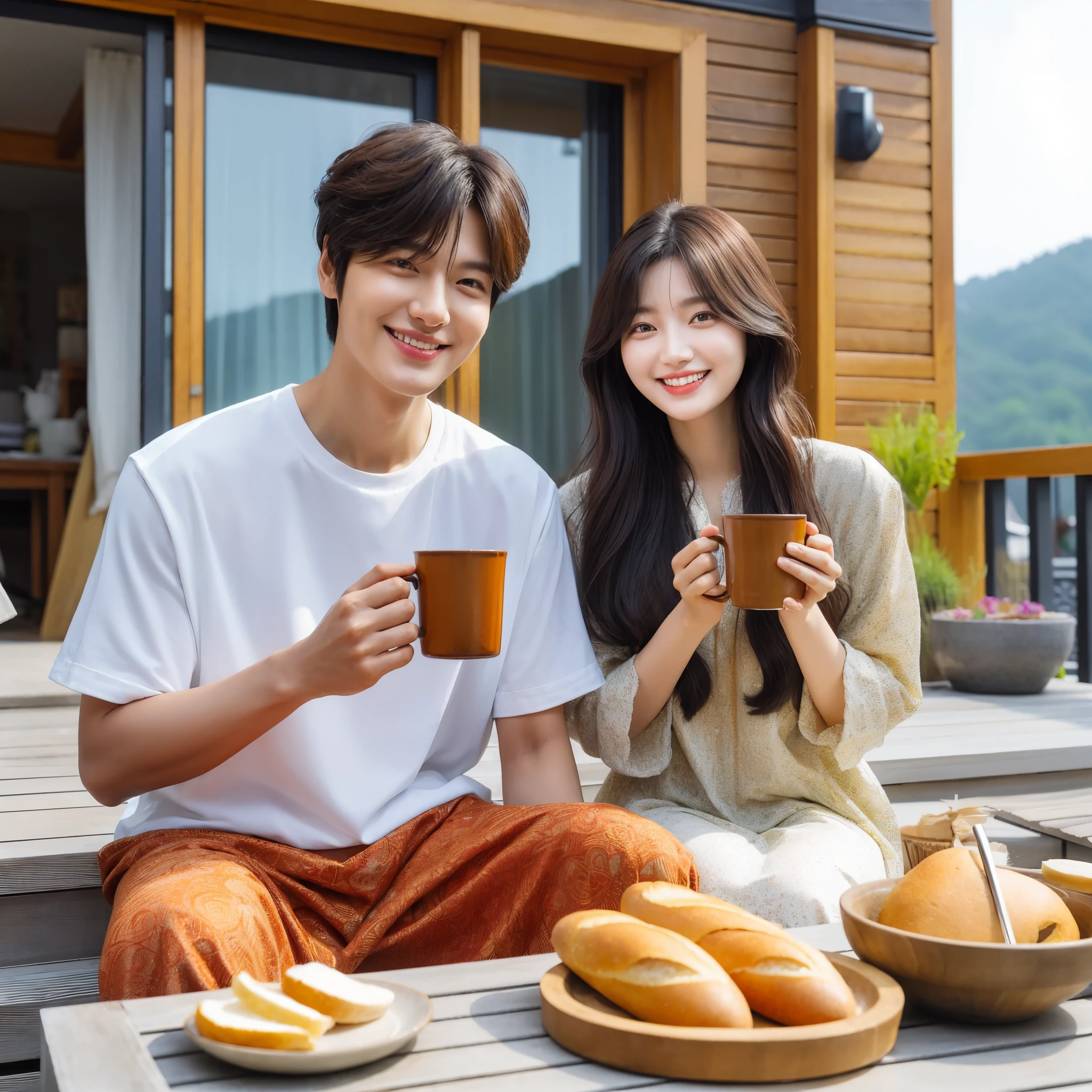 A beautiful Korean woman in a traditional hanbok, a black and white Korean outfit, stands next to a suave Korean man. She wears a white blouse with a black jacket, her hair carefully styled. In one hand, she holds a plate of hot kue (traditional Korean pancakes), while the man looks on with admiration. The setting is authentic, captured in high definition and true-to-life photography.